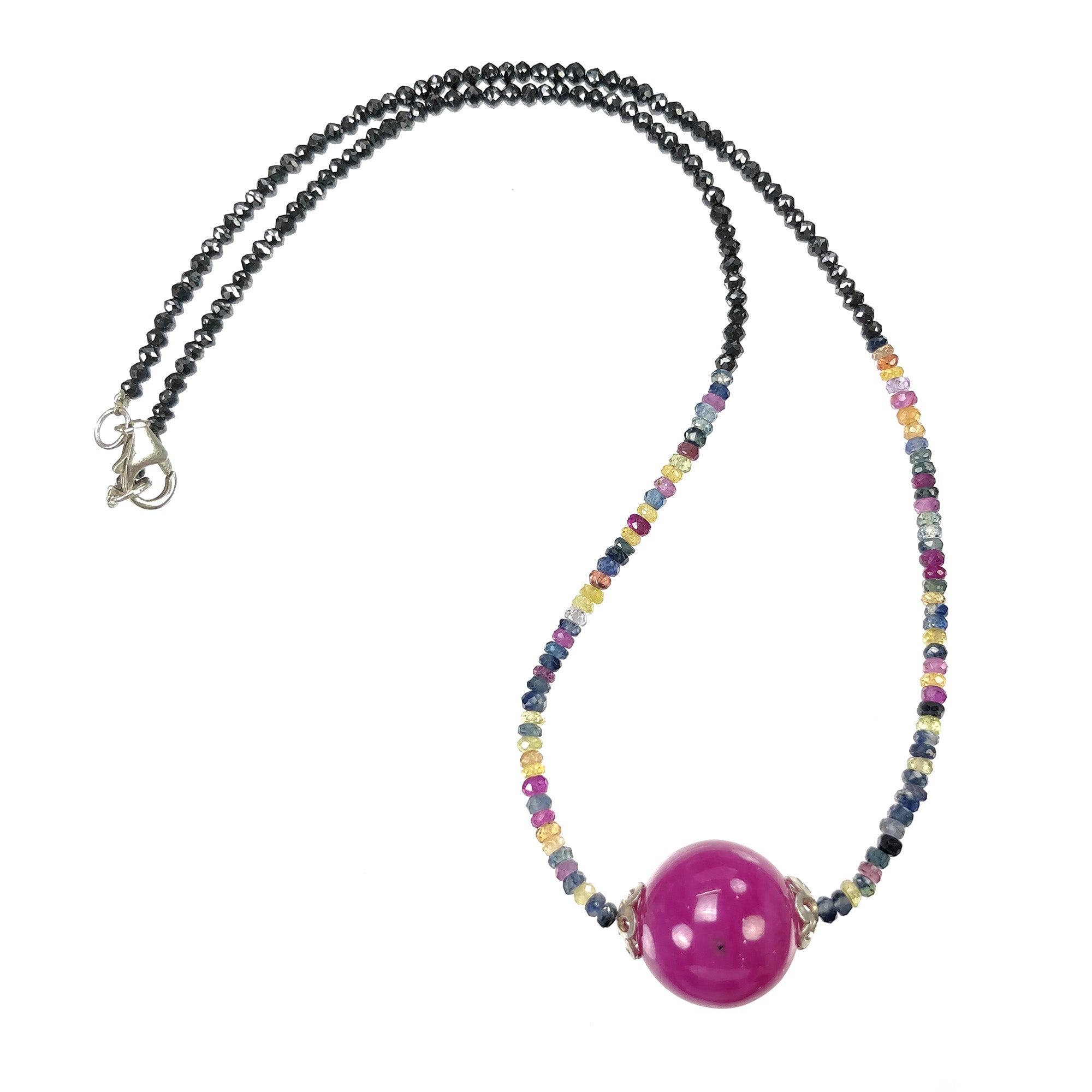 925 Sterling Silver Gemstone Beads Necklace - 17 Natural Multi Sapphire & Ruby Ball Pendant Beaded Chain for Women | Elegant Jewelry Gift for Her | Perfect for Weddings, Parties & Special Occasions