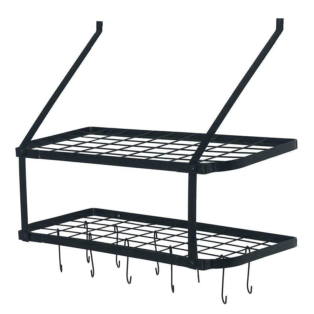 KHN 2-Tier Black Wall-Mounted Kitchen Pot Rack with Hooks - Space-Saving Pan Shelf for Pantry, Cabinet, and Dish Organization - Perfect for Small Kitchens and Apartment Living