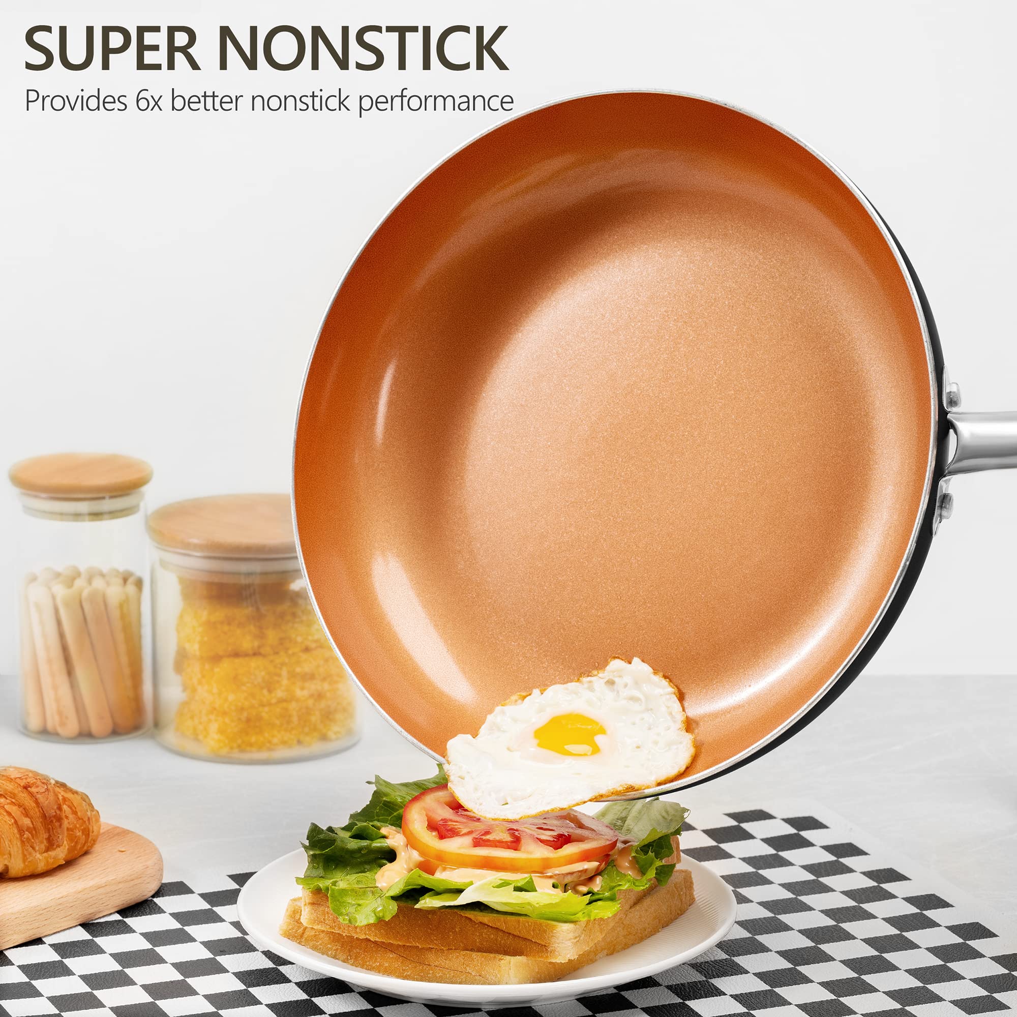 MICHELANGELO 12 Inch Nonstick Copper Frying Pan with Lid - Ceramic Coated Skillet, Induction Compatible Cookware for Sauteing, Frying & Cooking - Perfect for Home Kitchen & Professional Use