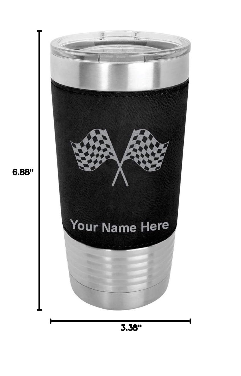 LaserGram 20oz Vacuum Insulated Stainless Steel Tumbler Mug with Racing Flags Design - Personalized Engraving, Faux Leather Base, Black - Perfect for Coffee, Tea & Cold Drinks at Work, Gym or Outdoor Adventures