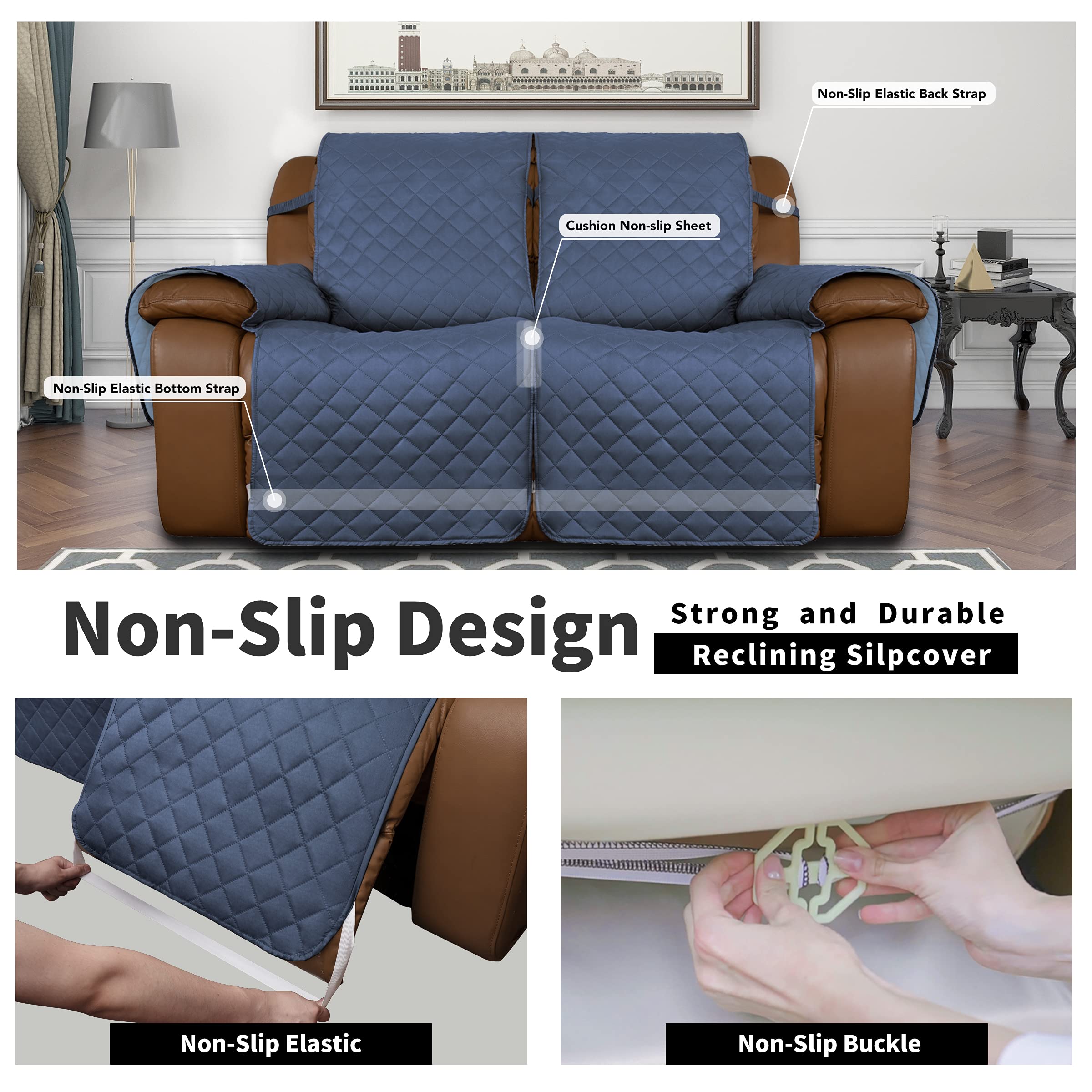 Reversible Recliner Sofa Cover for 2-Seater Double Recliner - Split Design with Elastic Straps - Dark Blue/Light Blue Furniture Protector for Pets, Kids & Home Decor - Perfect for Living Room, Family Room & Pet-Friendly Spaces