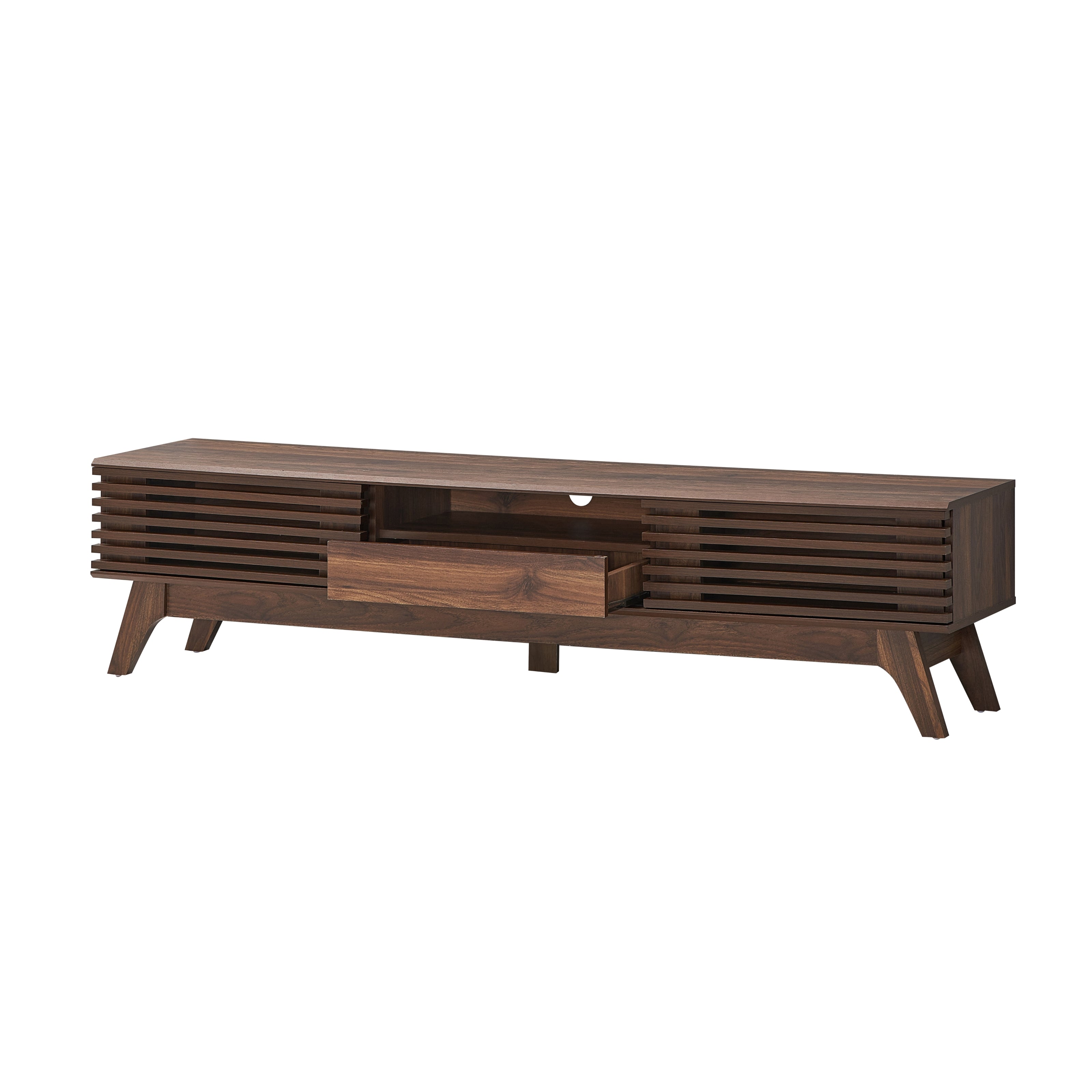 Camille Wooden TV Stand Entertainment Center - 180cm Wide with 2 Doors & 1 Drawer in Walnut Finish - Perfect for Living Room, Bedroom, or Home Theater Setup