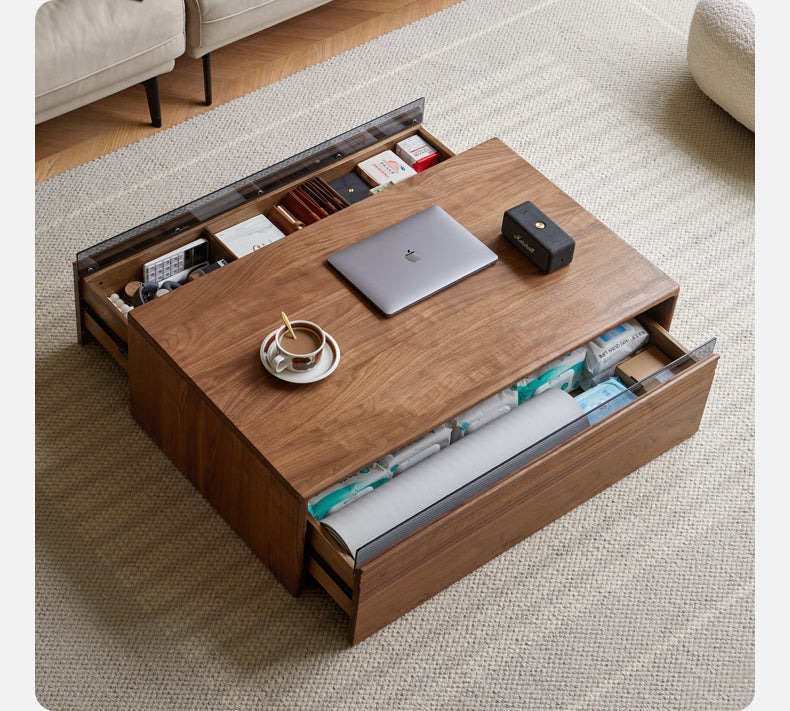 Modern Minimalist Black Walnut Solid Wood Coffee Table - Handcrafted Mid-Century Style Living Room Centerpiece for Home Decor