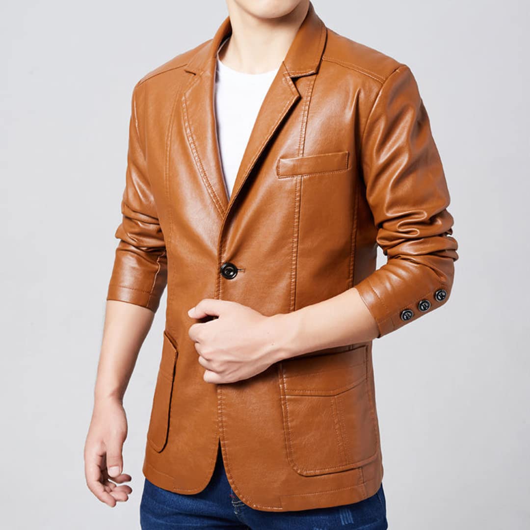 Men's Black Faux Leather Blazer Slim Fit - Business Casual Jacket for Office, Dinner & Night Out - Size XL - Stylish Vegan Leather Coat for Men