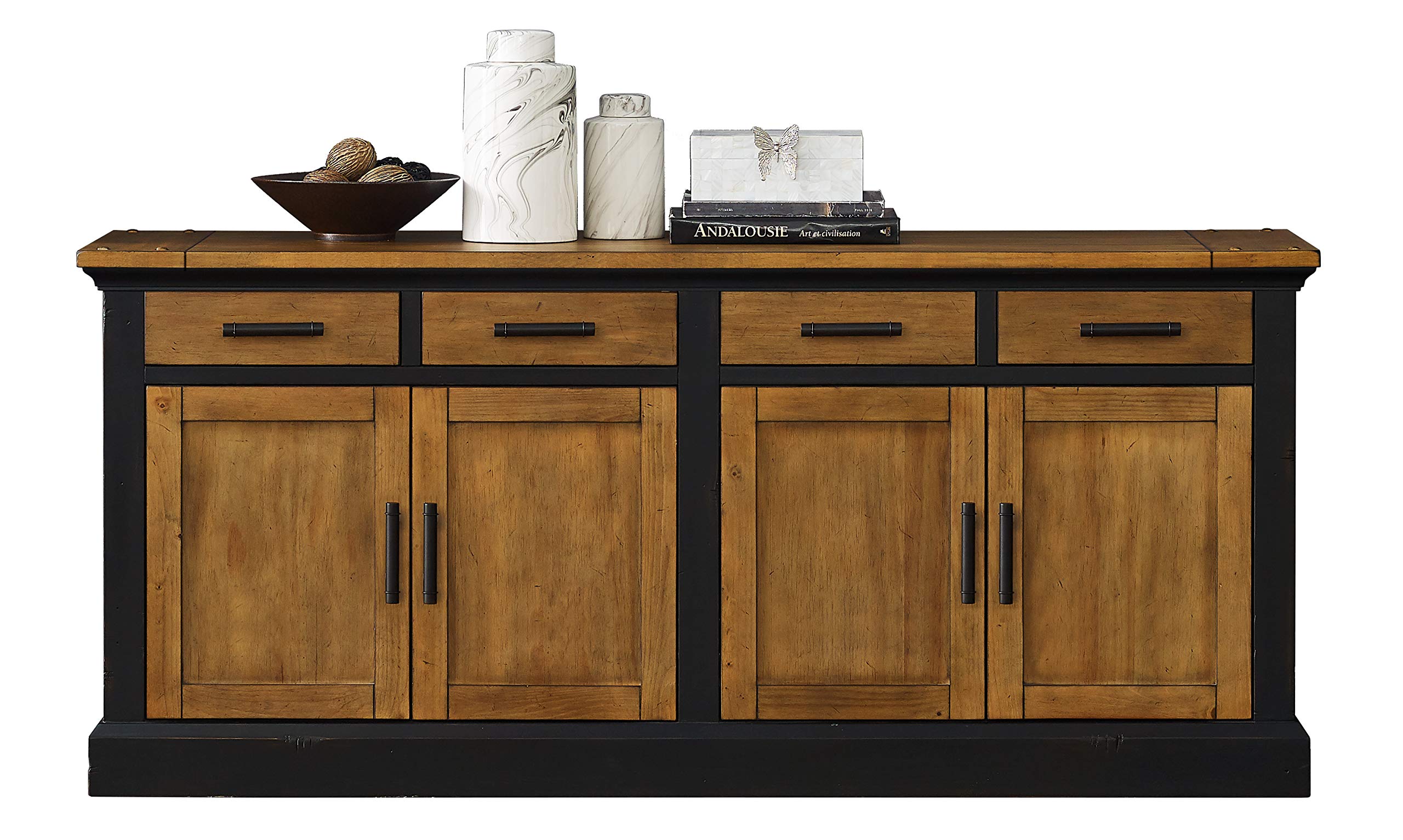 Martin Furniture Storage Credenza with 4 Drawers - Solid Wood TV Stand for Living Room, Home Office - Rustic Brown Media Console for TV, Books & Decor Storage