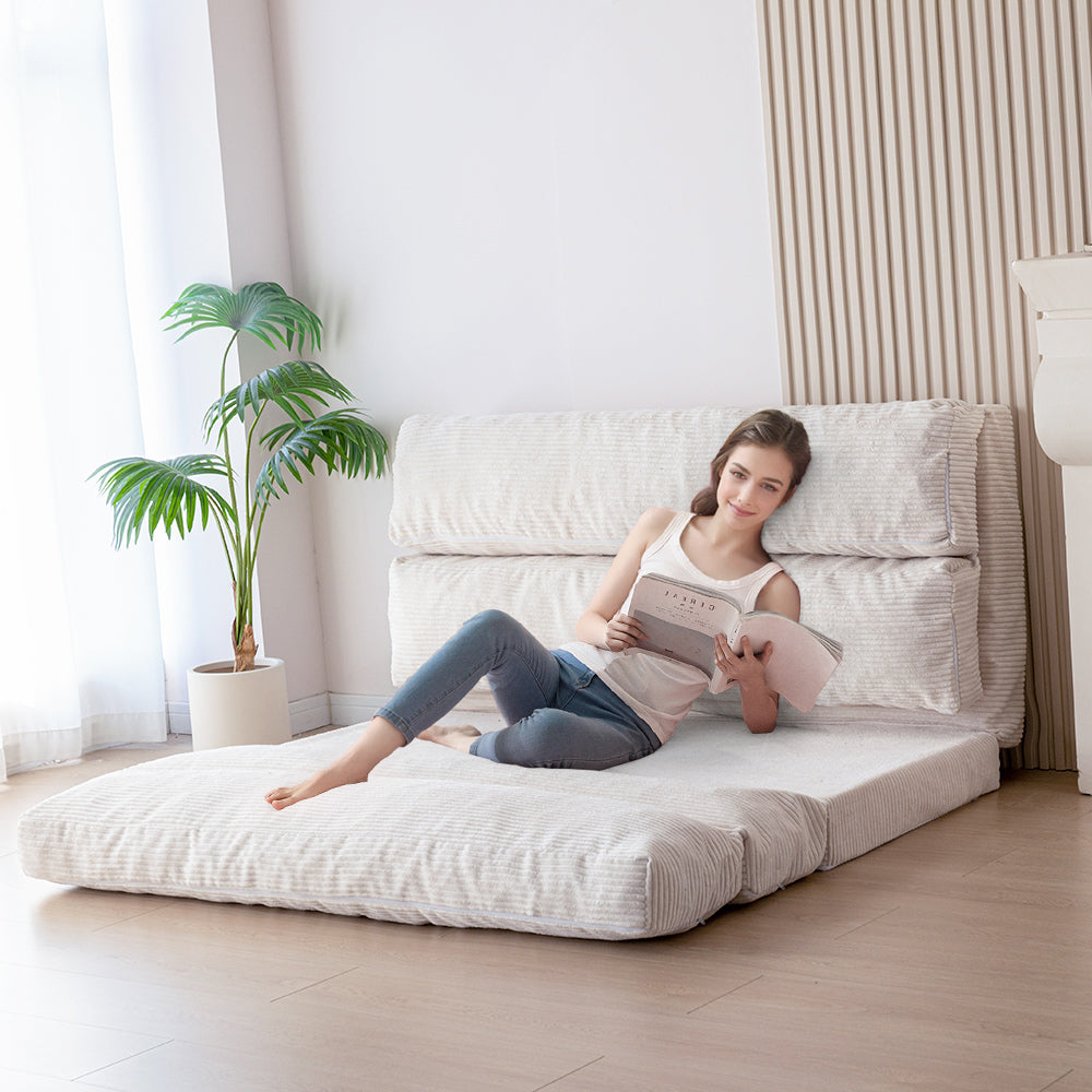 MAXYOYO Folding Sofa Bed - Convertible Corduroy Floor Sofa in Beige | Space-Saving Guest Bed & Lounge Chair for Small Apartments, Dorms & Living Rooms