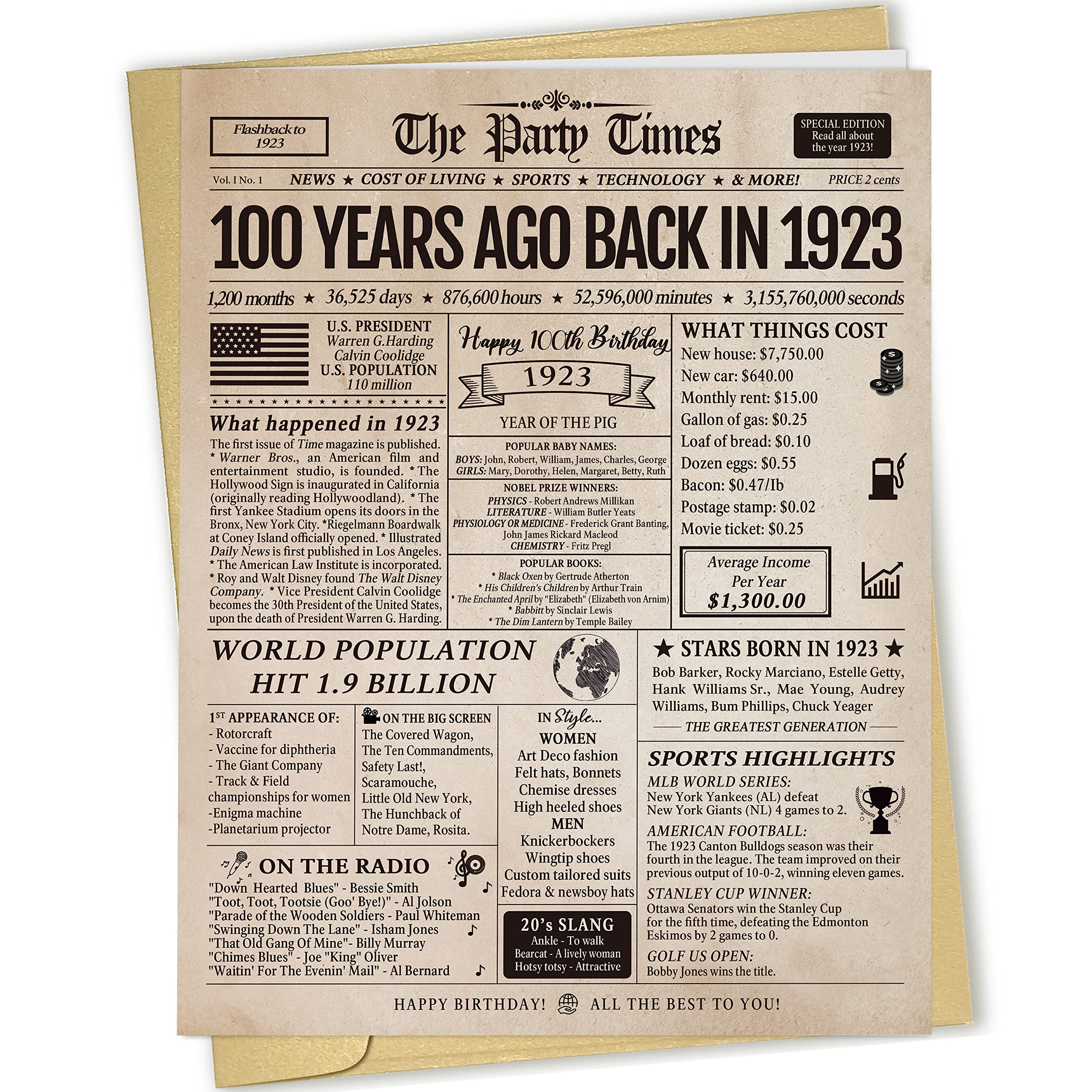 Vintage 100th Birthday Card for Grandma & Granddad - Retro 1923 Theme Jumbo Greeting Card - Perfect 100 Years Old Gift for Women & Men | Great for Milestone Celebrations, Anniversary Parties & Family Gatherings