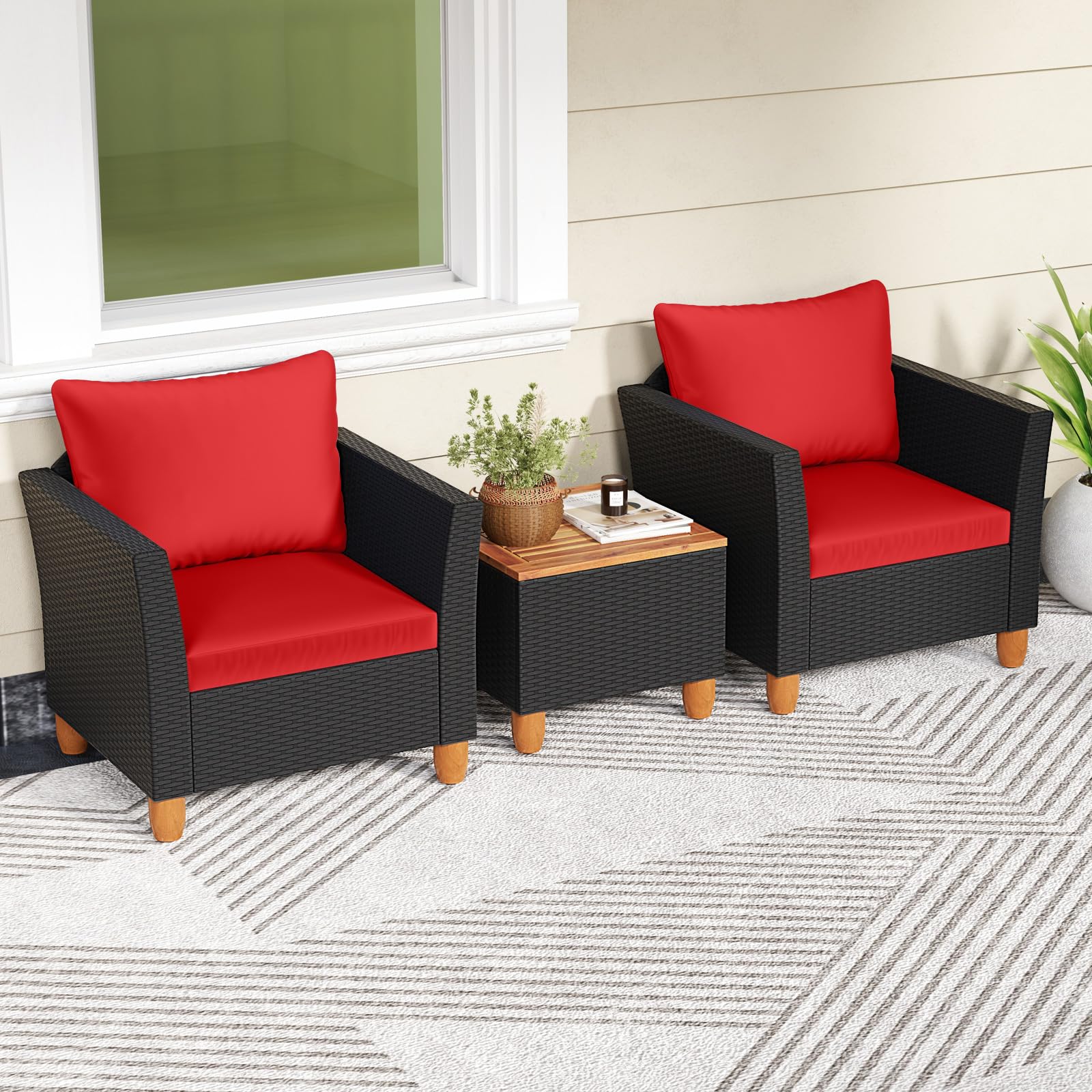 **HAPPYGRILL 3-Piece Outdoor Patio Conversation Set with Storage Coffee Table, PE Rattan Wicker Sofa & Cushions, Acacia Wood Furniture for Balcony, Backyard, Porch, Garden – Perfect for Relaxing & Entertaining**