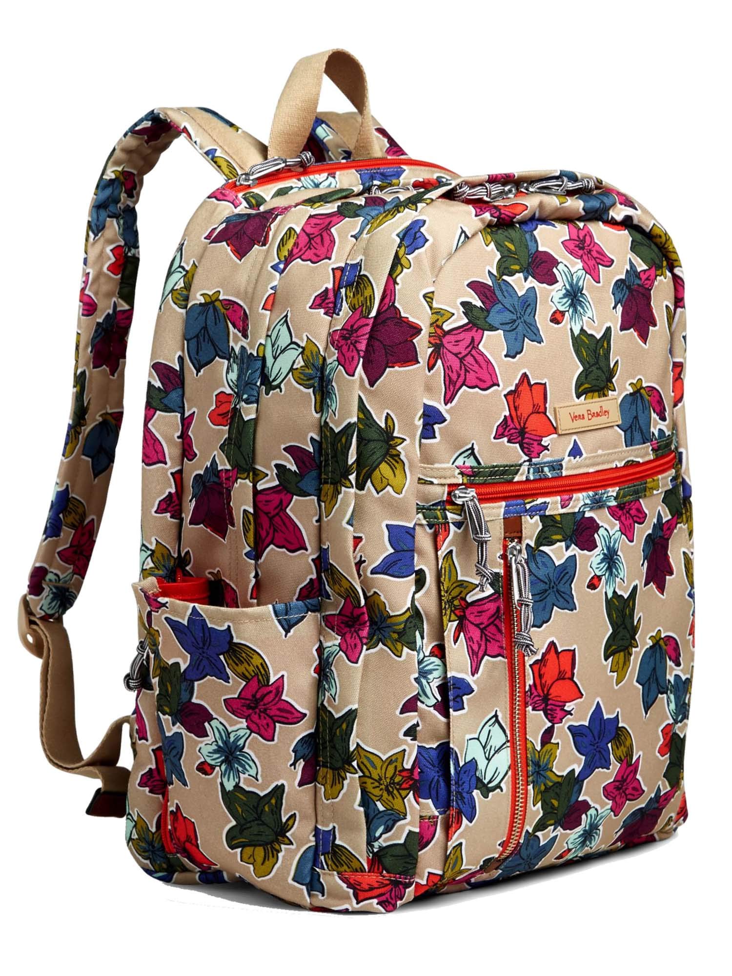 Vera Bradley Women's Lightweight Grand Backpack - Falling Flowers Neutral Print, Spacious Travel & School Backpack for Work, College & Daily Commute