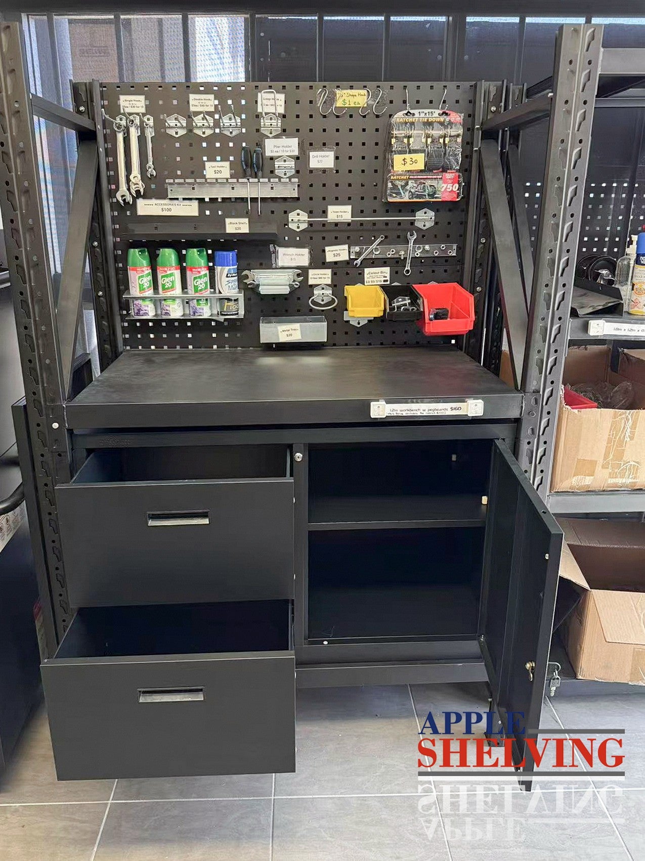 1.2m (4ft) Steel Pegboard Workbench with 2 Drawers & Cabinet - Heavy Duty Garage Workbench for DIY, Tool Storage & Workshop Organization