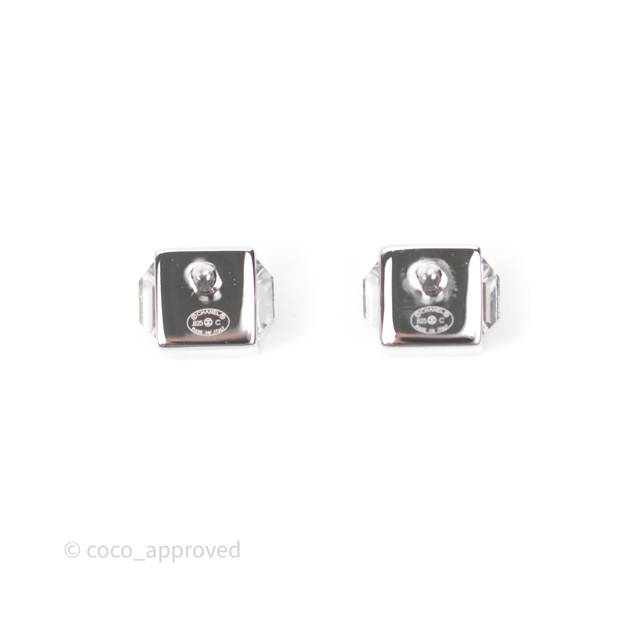 Chanel CC Crystal Square Mini Earrings in Silver Tone - 25C | Elegant Fashion Jewelry for Women, Perfect for Parties, Weddings & Special Occasions