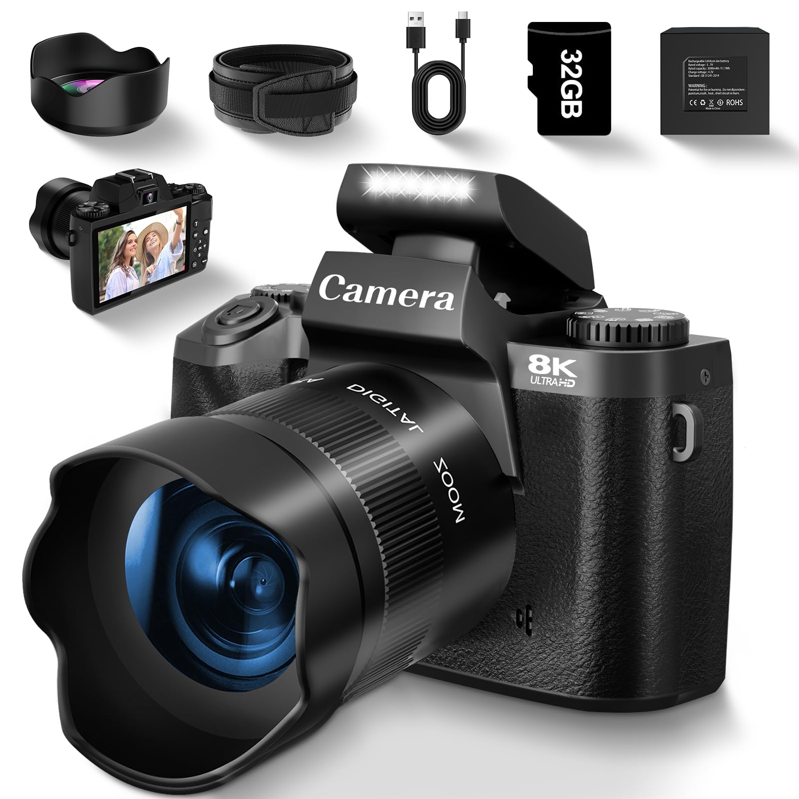 8K Digital Camera for Photography & Vlogging - 16X Zoom WiFi Touchscreen Camera with Autofocus, 3000mAh Battery, Dual Lens, 32GB TF Card - Perfect for YouTube Content Creation, Travel Vlogging & Professional Photography (Black)
