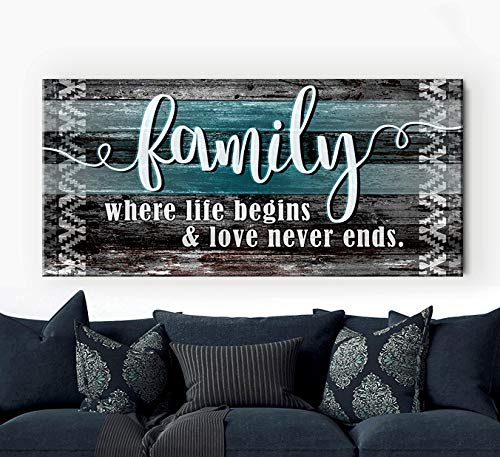 Family Where Life Begins Wall Art - Rustic Farmhouse Decor Sign with Hanging Hook, Teal Wooden Frame for Living Room & Bedroom (42x19 Inches) | Perfect for Home Decor, Housewarming Gifts & Wedding Presents