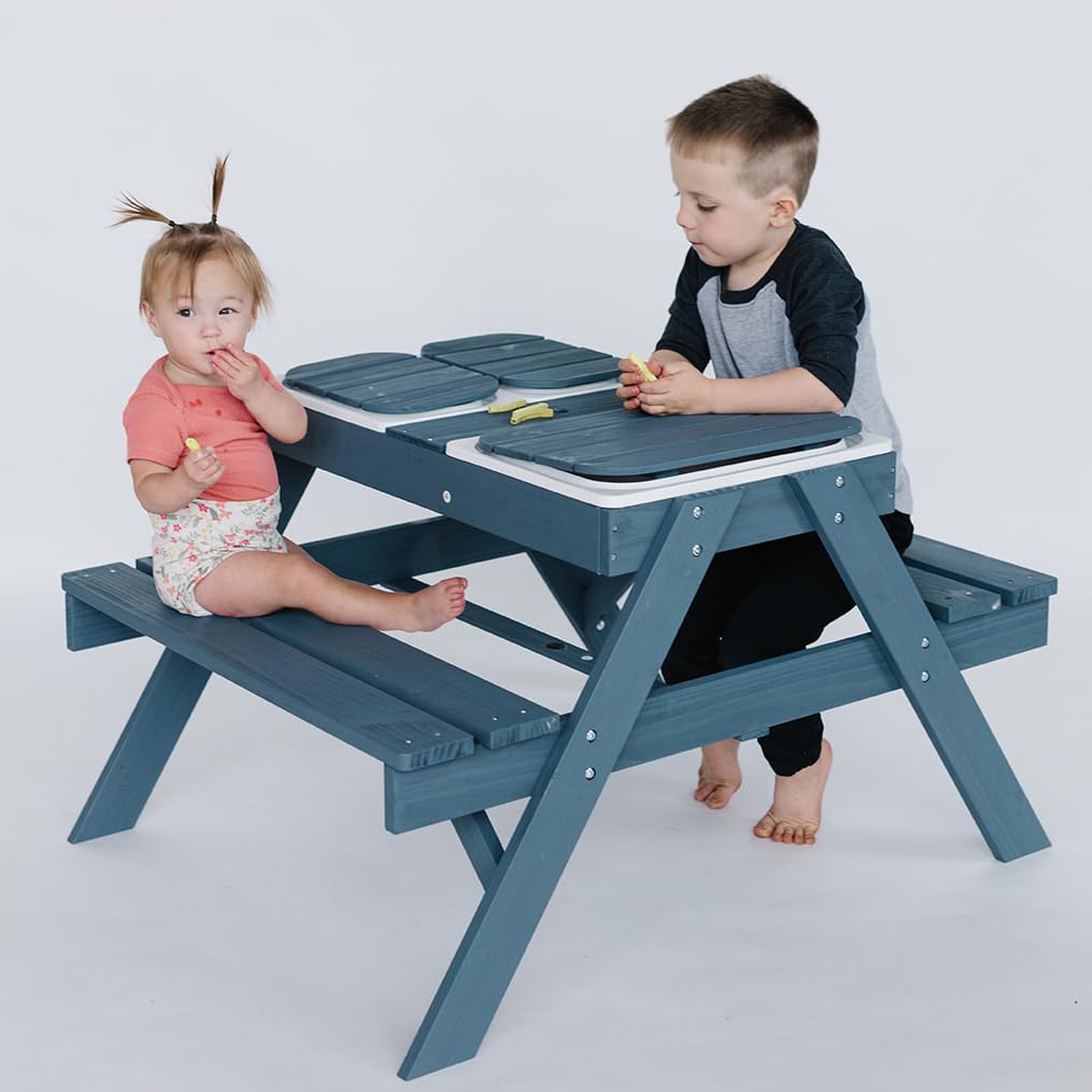 Beright 3-in-1 Adjustable Kids Picnic Table with Umbrella - Outdoor Wooden Sand & Water Sensory Play Table, Removable Tabletop & 3 Storage Bins - Perfect for Backyard, Patio, Park & Beach Playtime