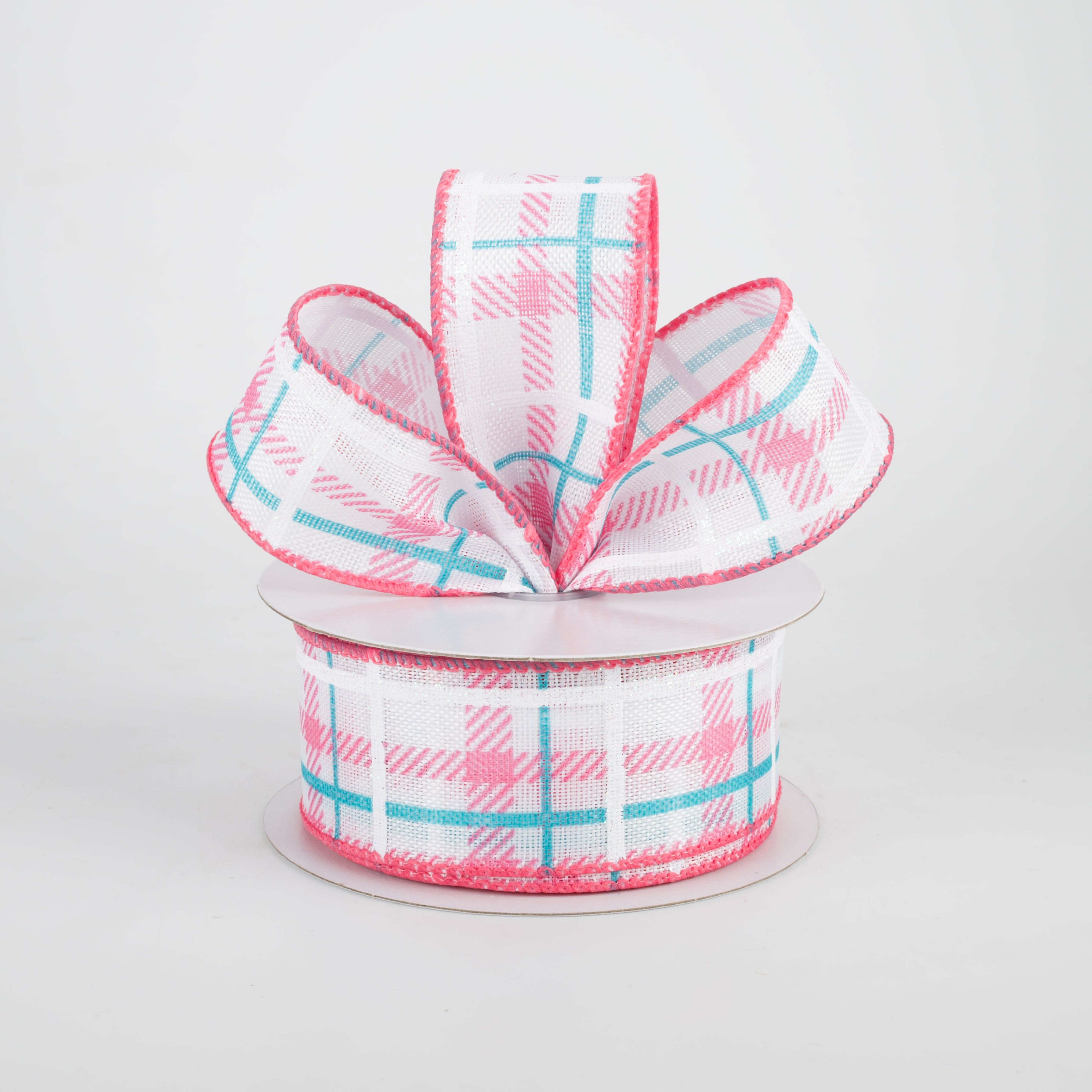 1.5 Inch Iridescent Print Plaid Ribbon - Coral, Aqua & White (10 Yards) for Gift Wrapping, Hair Bows, DIY Crafts & Party Decorations