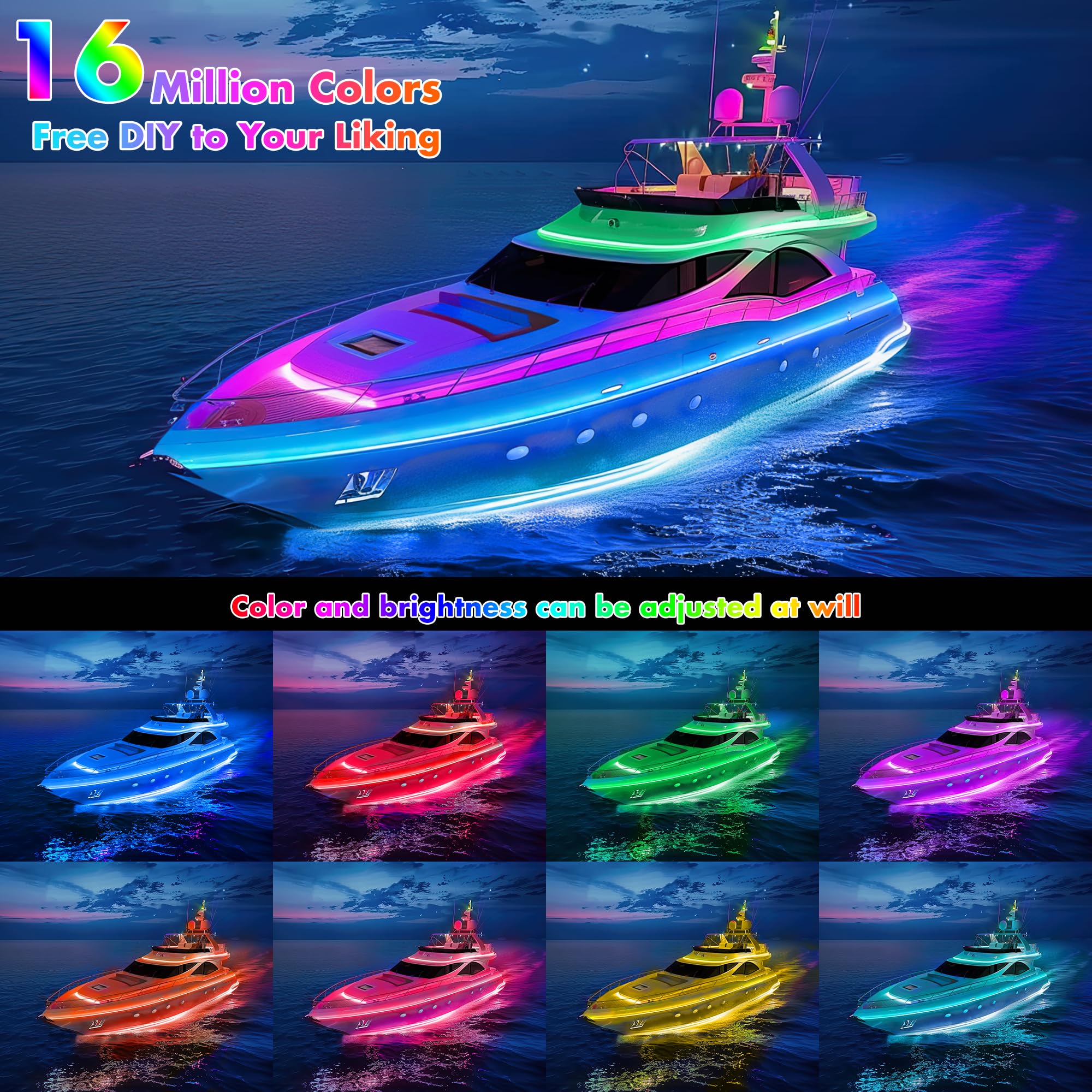 Smart LED Boat Strip Lights 65.6ft RGB IP68 Waterproof - for Marine Interior & Night Fishing