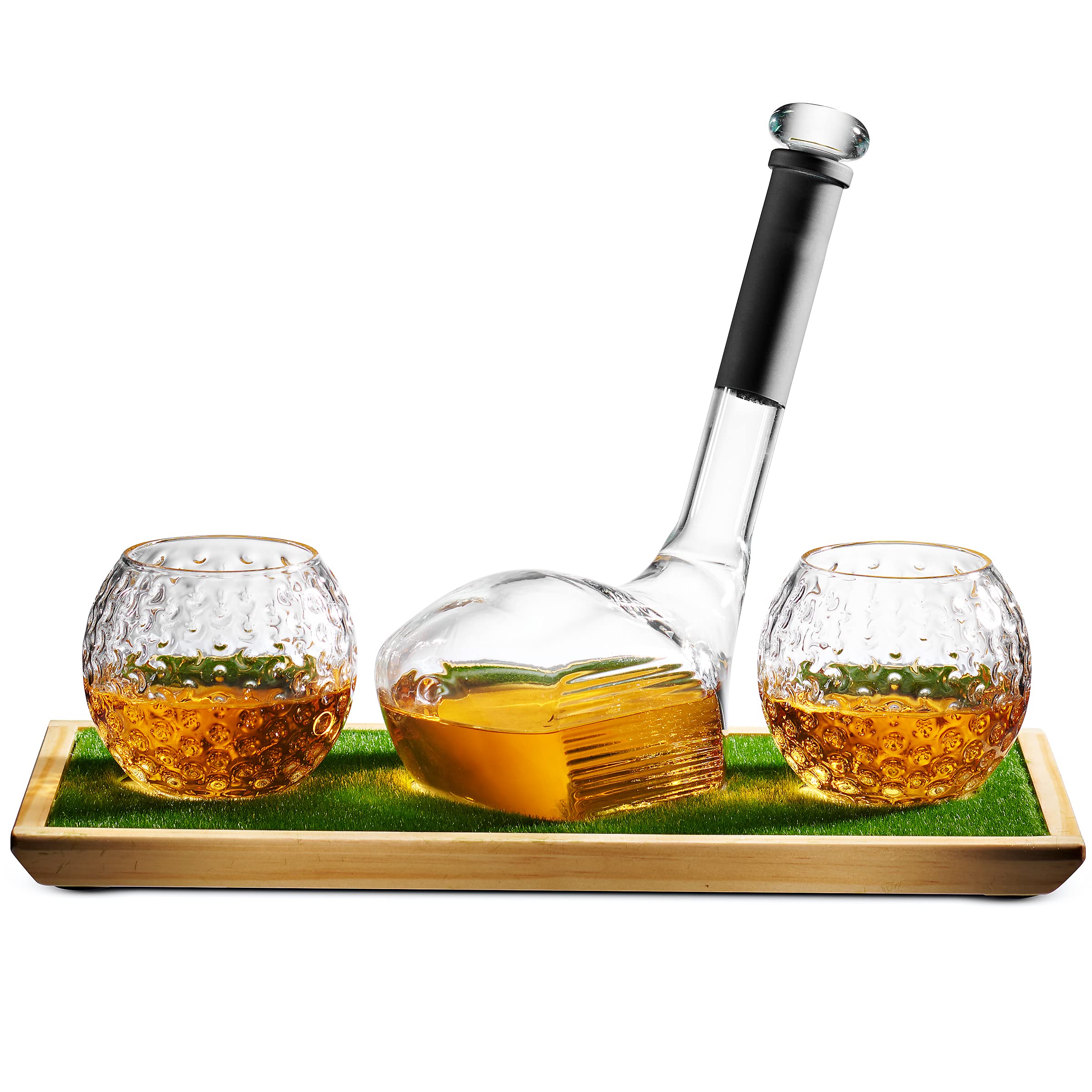 Godinger Whiskey Decanter Set with Golf Club Design & 2 Golf Ball Whiskey Glasses - Premium Liquor Decanter Gift for Men - Perfect for Golf Lovers, Home Bars & Special Occasions