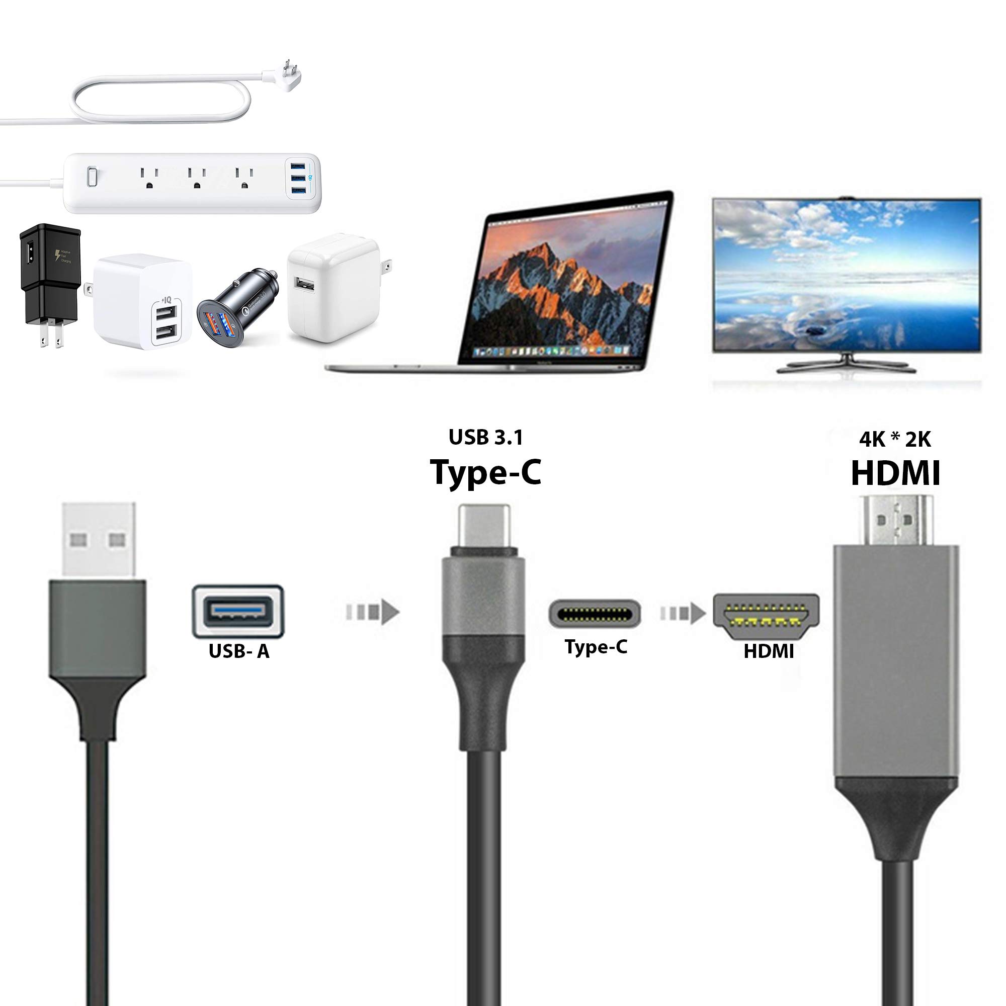 Premium 4K HDMI to USB-C Cable with Power Delivery - 6ft/2M Thunderbolt 3 Compatible for Samsung Galaxy S20+ (SM-G986UZAAXAA) - Supports 2160p@60Hz & Fast Charging - Perfect for Home Theater, Gaming & Office Setup [Gray]