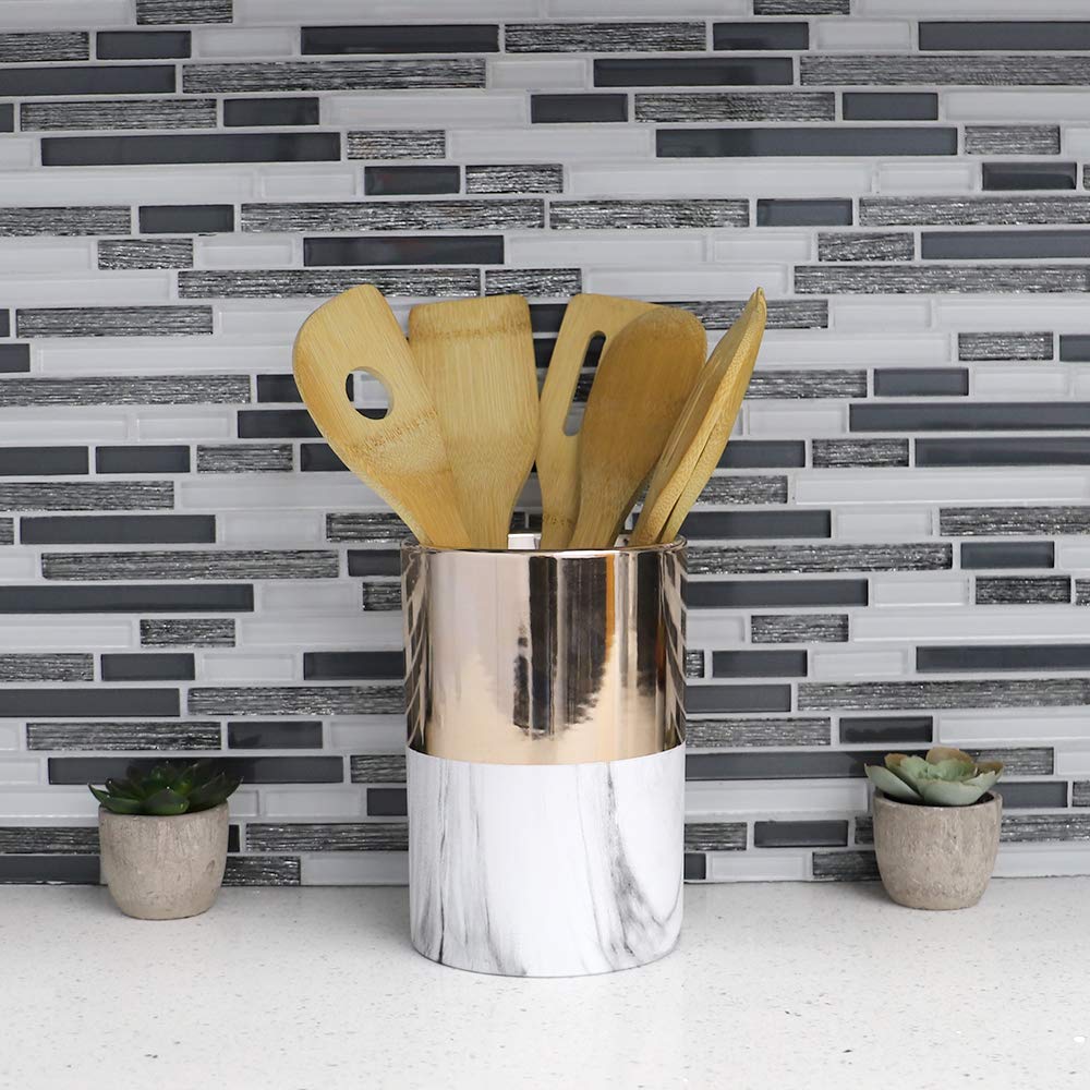Premium Large Ceramic Kitchen Utensil Holder - White Marble & Rose Gold Countertop Organizer for Spoons, Spatulas, Knives & Cooking Tools | Perfect for Modern Kitchens, Cooking Stations & Countertop Organization