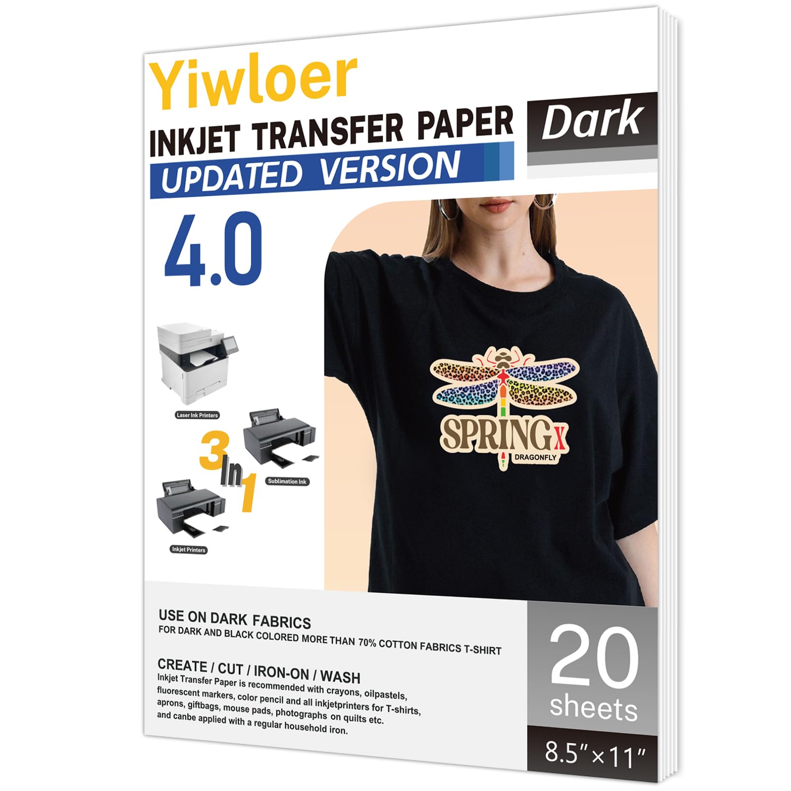 Premium Iron-on Heat Transfer Paper for T-Shirts (8.5x11'', 20 Sheets) - Printable Inkjet Transfer Vinyl for Light Fabrics - DIY Custom Apparel, Personalized Gifts & Craft Projects