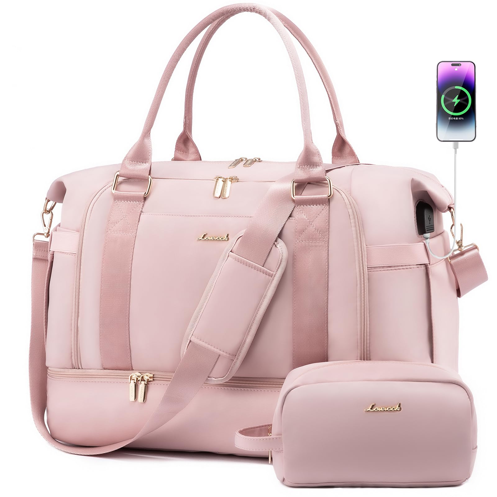 LOVEVOOK Gym Bag for Women - Travel Duffel Bag with USB Charging Port & Shoe Compartment | Weekender Overnight Bag with Toiletry Pouch | Perfect for Workout, Hospital Labor Delivery & Carry-On Travel
