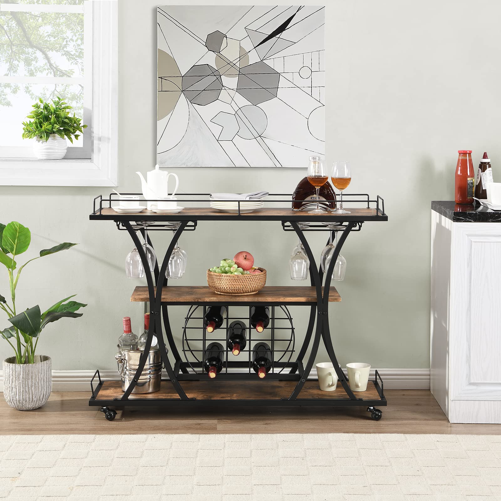 Industrial Bar Cart with Wine Rack & Wheels - Rustic Brown Black Wooden Metal Frame Mobile Serving Cart for Home, Holds 11 Bottles & 16 Glasses (44.09