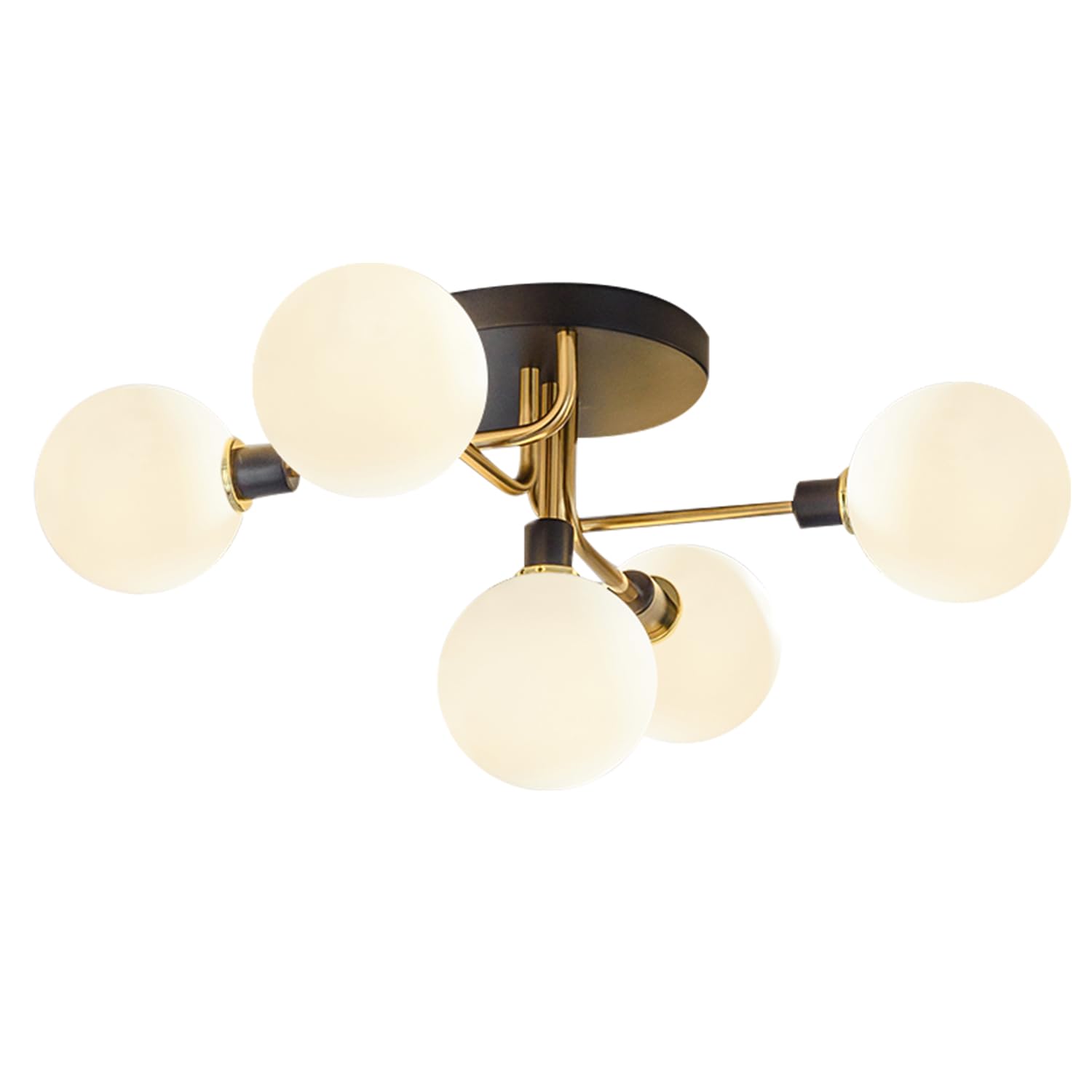 Mid Century Modern 5-Light Milk Glass Globe Ceiling Fixture - Black & Brass Semi-Flush Mount Sputnik Chandelier for Bathroom, Dining Room, Hallway & Vintage Home Decor Lighting