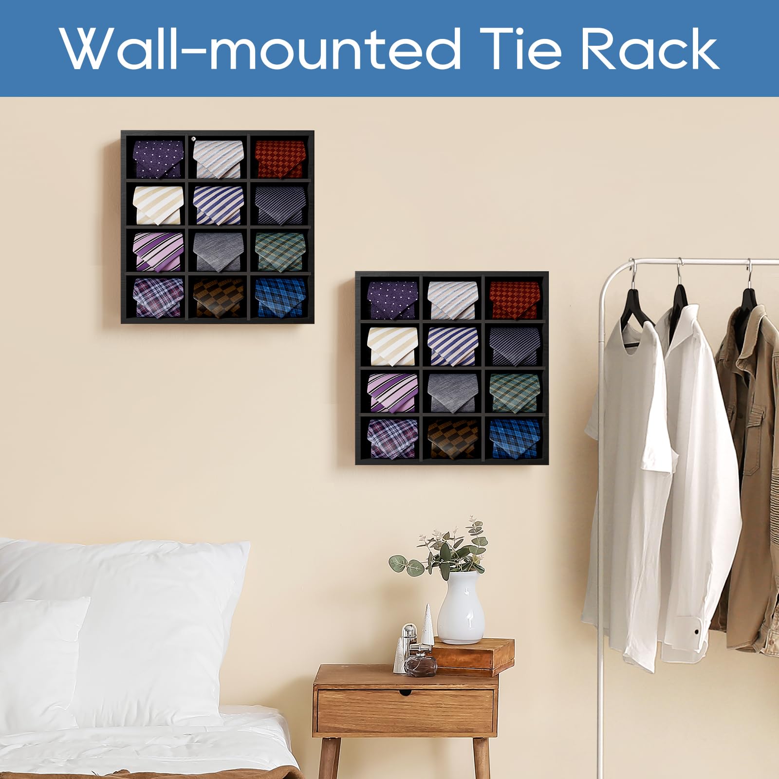Bamboo Wall Mounted Tie Organizer - Holds 16 Ties, 12 Grids Black Tie Rack for Men | Space-Saving Closet Storage & Necktie Display for Home & Office Organization