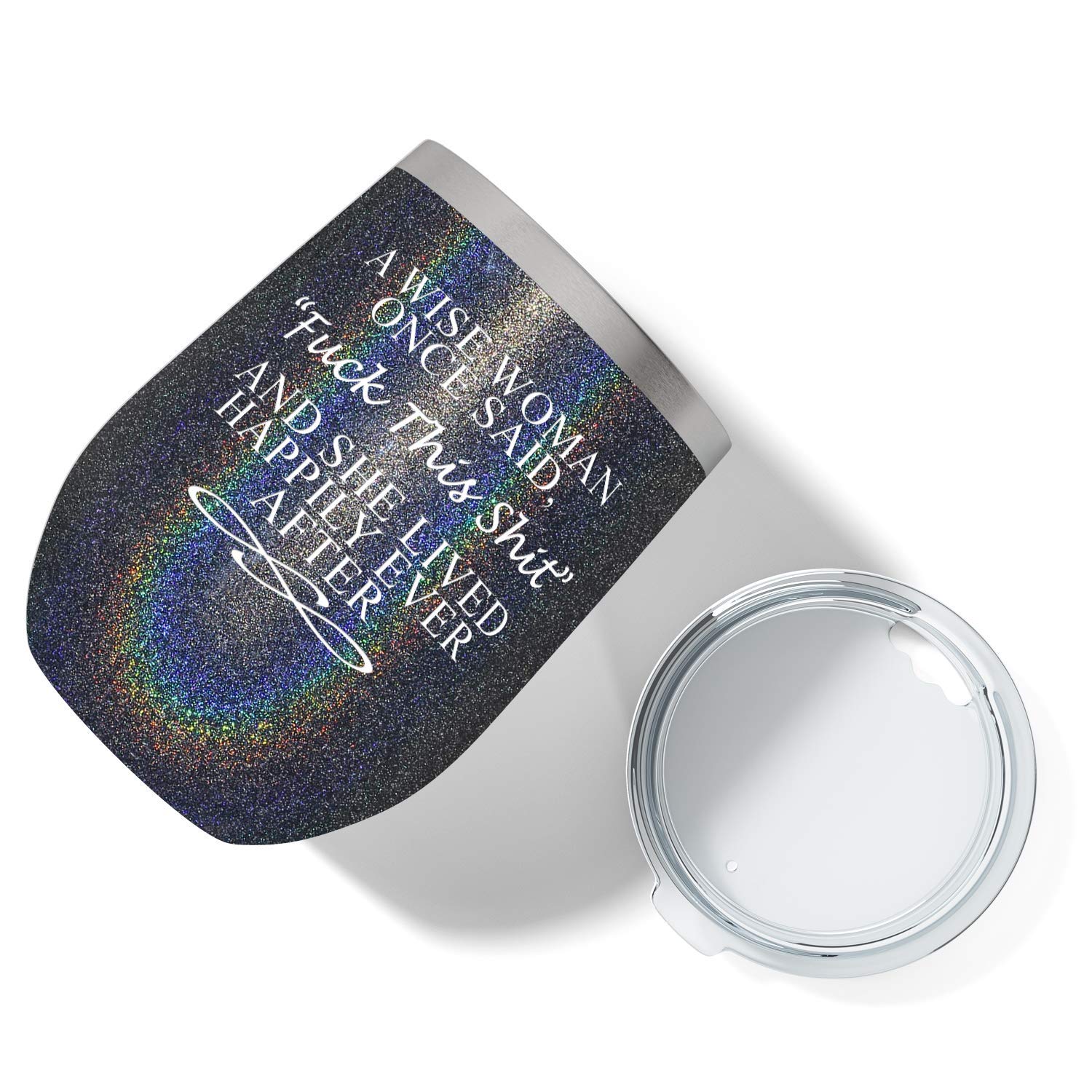 Funny Wine Tumbler for Women - 12oz Black Glitter Cup with Inspirational Quote 'A Wise Woman Once Said' - Perfect Birthday Gift for Mom, Wife, Best Friend, Girlfriend & Coworker - Great for Parties, Office Use & Daily Coffee/Drinks