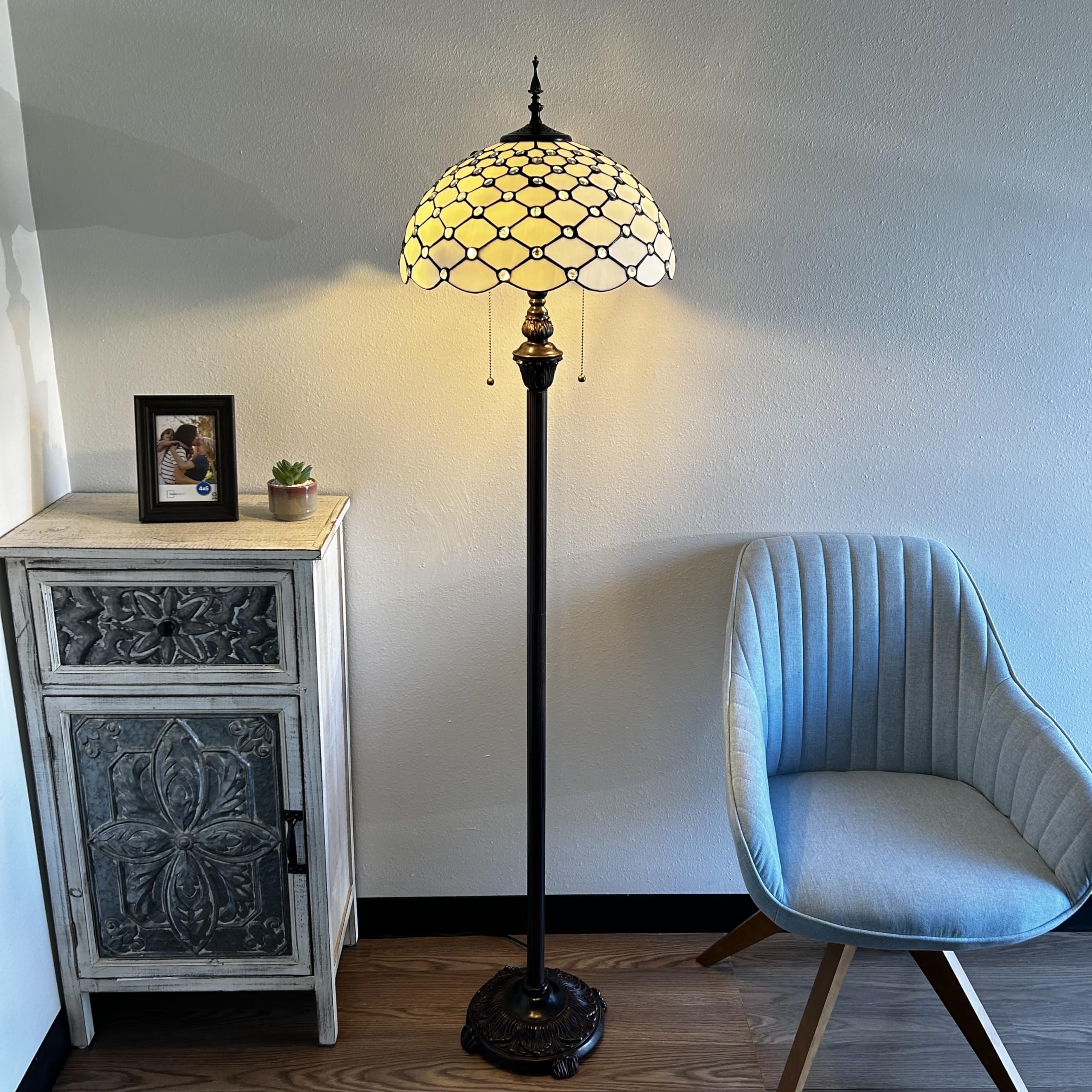Tiffany Crystal Floor Lamp with White Stained Glass Shade and Metal Base - 16