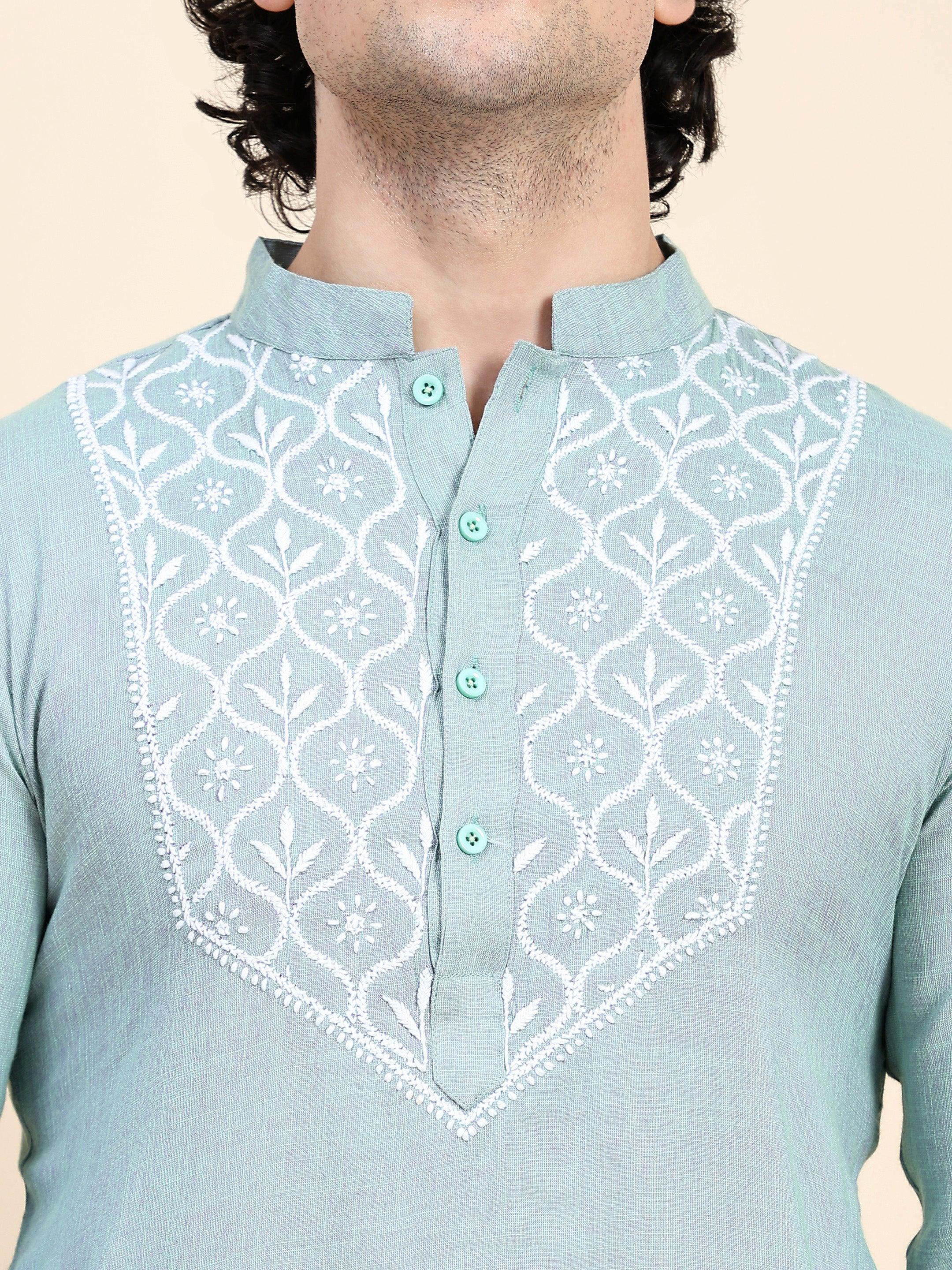 HOK Men's Chikankari Kurta - Cotton Silk Blend Comfortable Kurta Shirt in Sea Green for Casual Wear, Festivals & Special Occasions