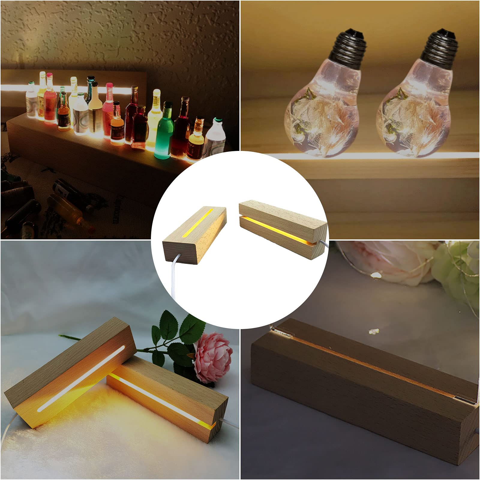 JOJOCY LED Wood Display Stand with Warm Lights - Rectangle Crystal Wooden Base for Acrylic Resin Art, Glass Paperweights & Decorative Items - Perfect for Home Decor, Gift Showcase & Retail Displays (Set of 4)