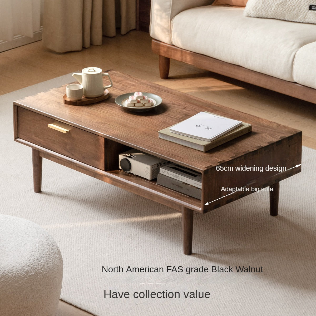 Solid Black Walnut Wood Storage Coffee Table with Rock Plate - Rustic Living Room Furniture for Home Decor & Organization
