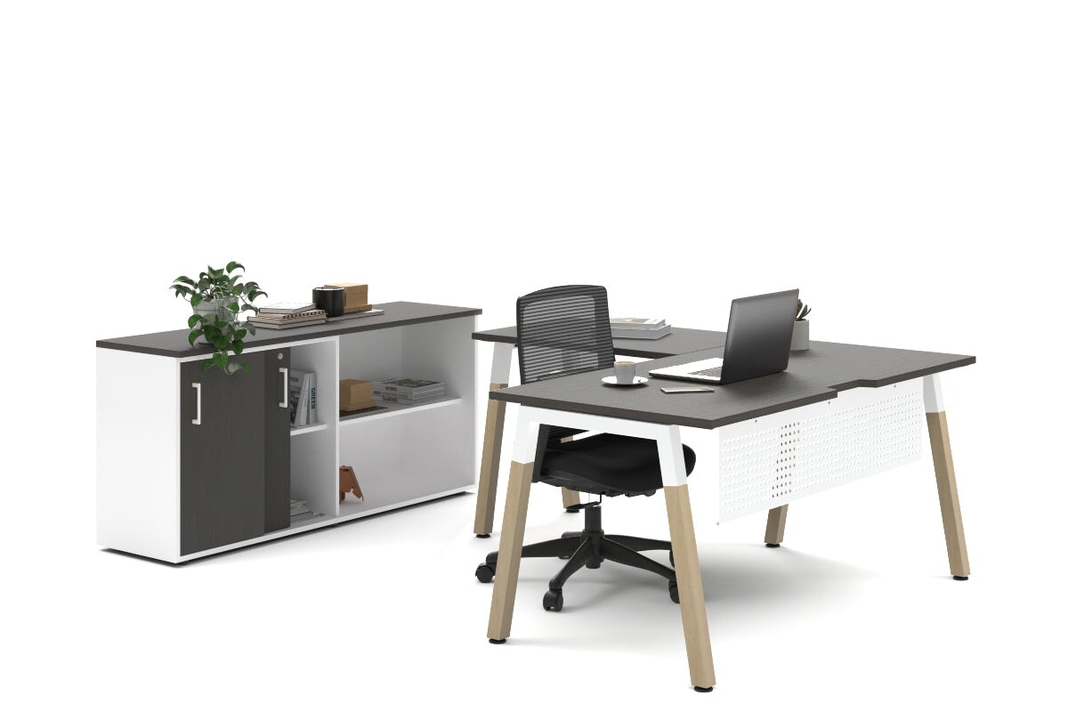 Premium L-Shaped Quadro A Legs Executive Desk with Wooden Legs & White Cross Beam - 1800L x 1800W with Cable Management Scallop - Perfect for Home Office, Corporate Workspace & Modern Study Room