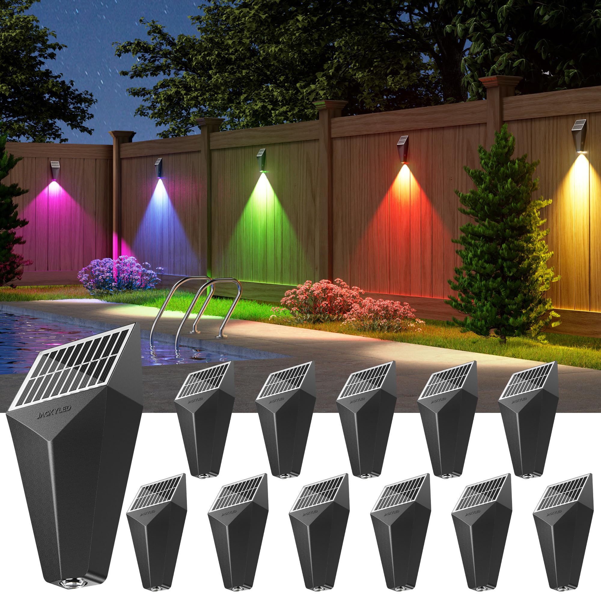 JACKYLED 2024 New Solar Fence Lights - 50 Lumens Bright Waterproof Outdoor LED Deck Lights for Patio, Railing, Wall & Garden - Solar Powered Landscape Lighting (12 Pack, Black) - Perfect for Backyard, Pathway & Driveway Illumination