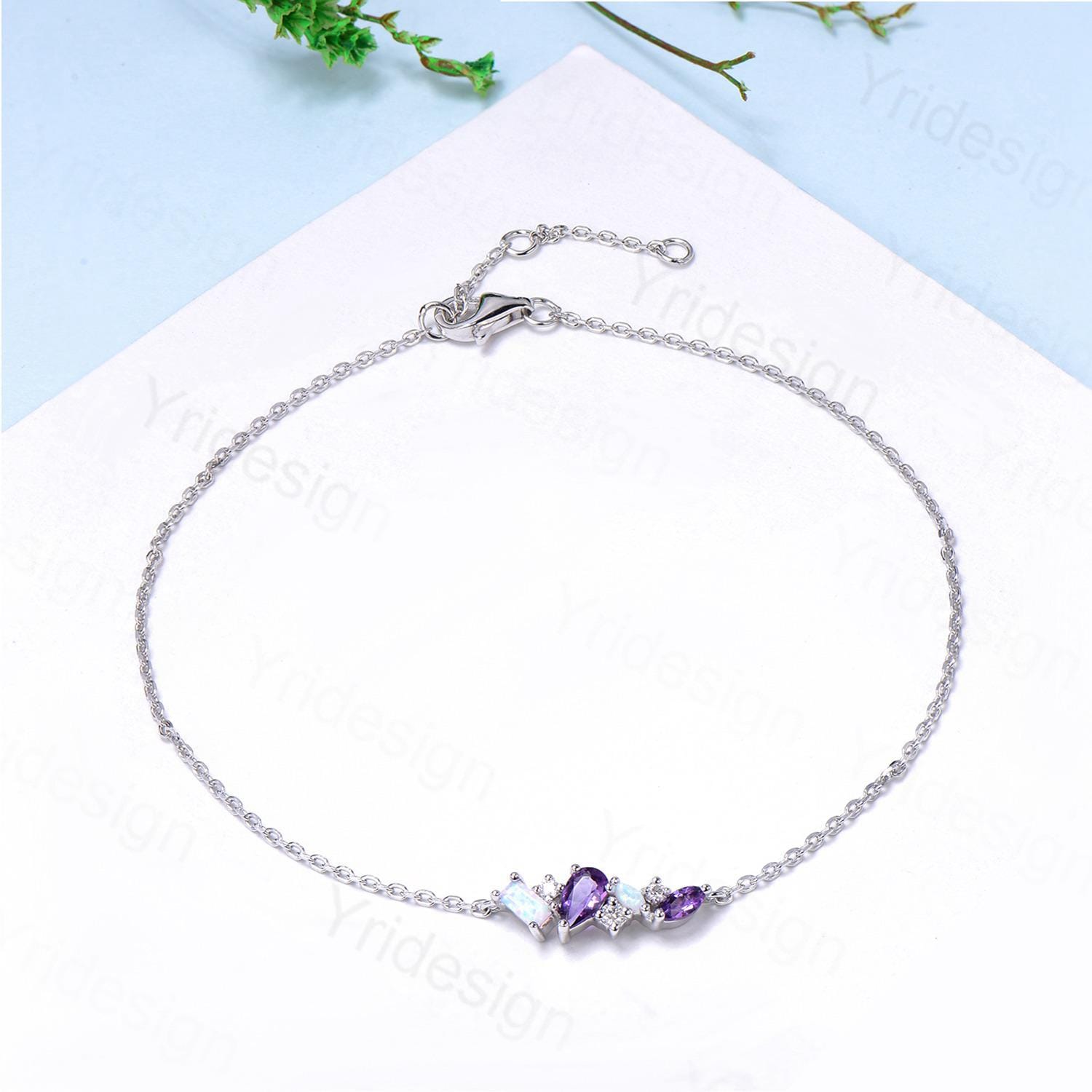 Elegant Pear-Shaped Amethyst Bracelet with Multi-Stone Baguette Opal & Moissanite - Silver & White Gold Art Deco Jewelry for Anniversary Gifts | Perfect for Weddings, Parties & Special Occasions