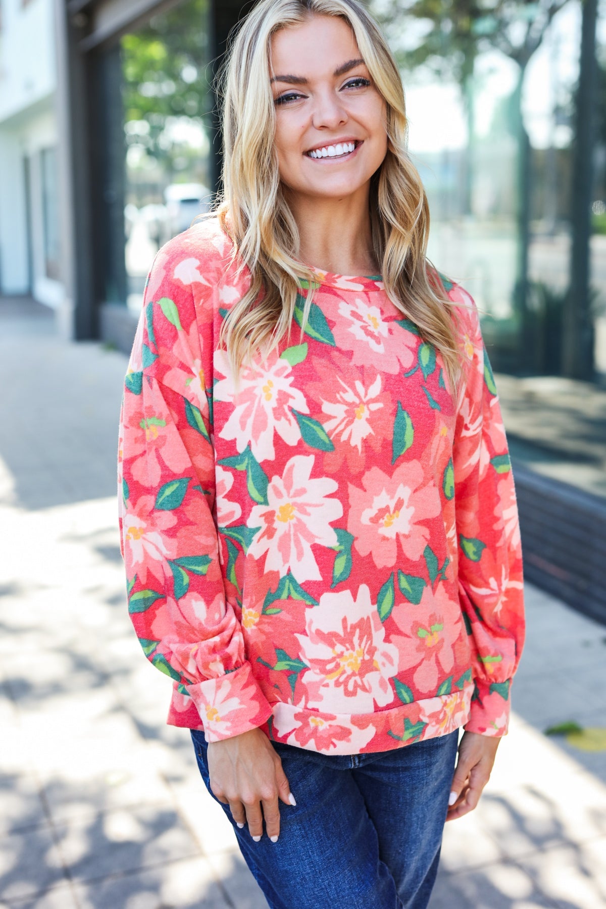 Stylish Red Floral Brushed Hacci Sweater Top for Women | Soft Comfortable Knit Pullover | Perfect for Fall Outfits, Date Nights & Casual Wear