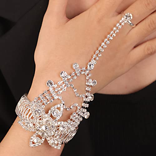 YERTTER Dainty Rhinestone Crystal Hand Chain Bracelet - Silver & Gold Finger Link Bangle with Slave Harness Design | Perfect for Boho Wedding, Festival Jewelry, and Evening Party Accessories (Style 2)