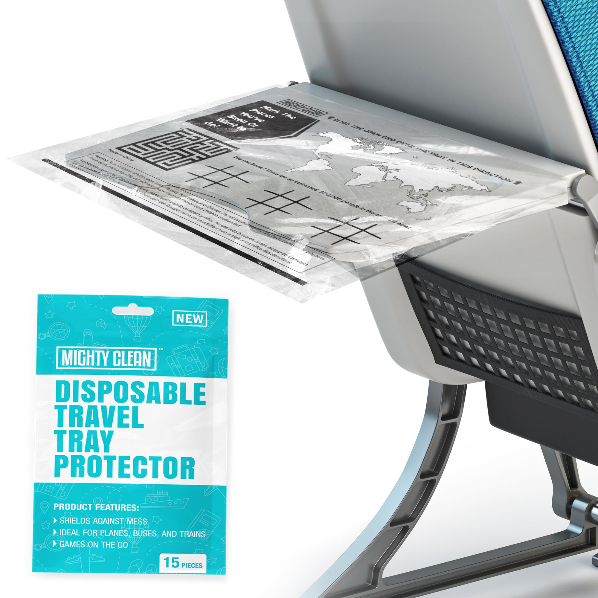 15 Pack Disposable Travel Tray Protectors by Mighty Clean - Airplane Travel Essentials for Toddlers, Kids & Adults | Sanitary Surface Cover for Eating, Playing & Working | Perfect for Flights, Trains & Road Trips