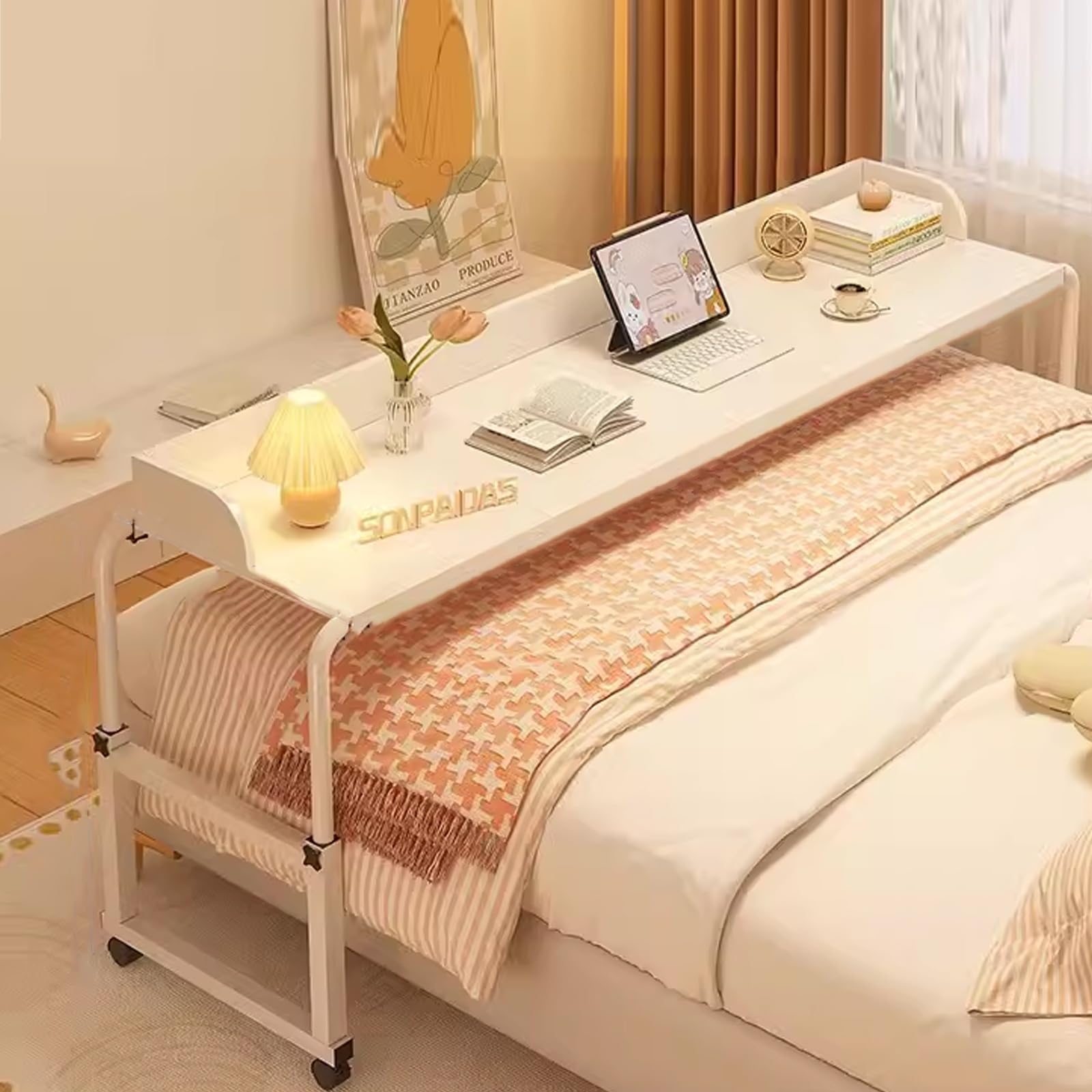 Adjustable Overbed Table with Wheels - King Size Rolling Tray Desk for Laptop, Writing, and Dining - Portable Overbed Desk for Living Room, Bedroom, and Hospital Use