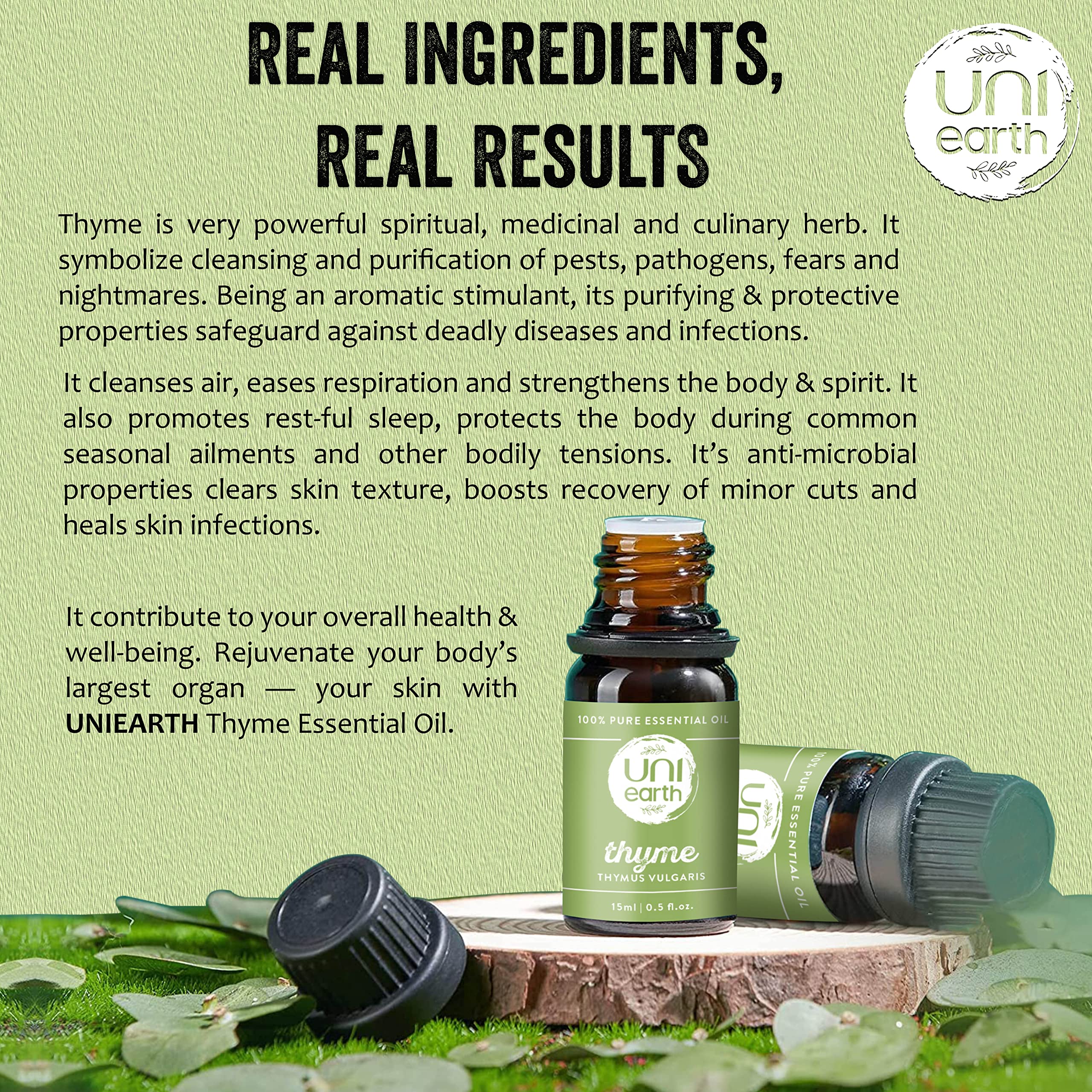 Uniearth 100% Pure Therapeutic Grade Thyme Essential Oil - 15mL for Skin & Hair Care | Relieves Cough, Boosts Immunity, Exfoliates Skin, Nourishes Scalp, Reduces Hair Loss | Mood Uplifting Aromatherapy | Perfect for Diffusers, Massage & DIY Beauty Products