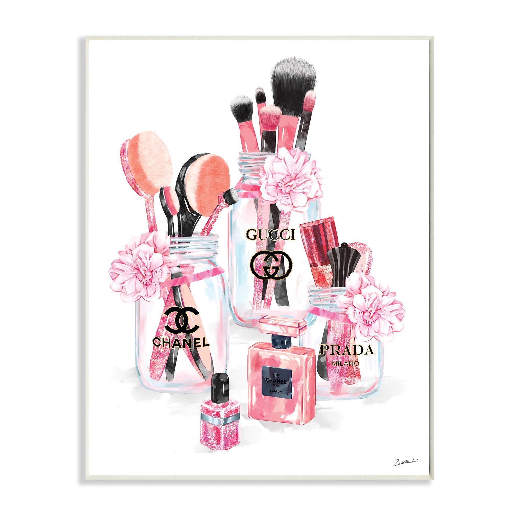 Stupell Industries Glam Fashion Cosmetic Accessories in Jars Wall Art - 13x19 Black Wall Plaque by Ziwei Li - Perfect for Bathroom Decor, Vanity Makeup Room & Chic Home Decor