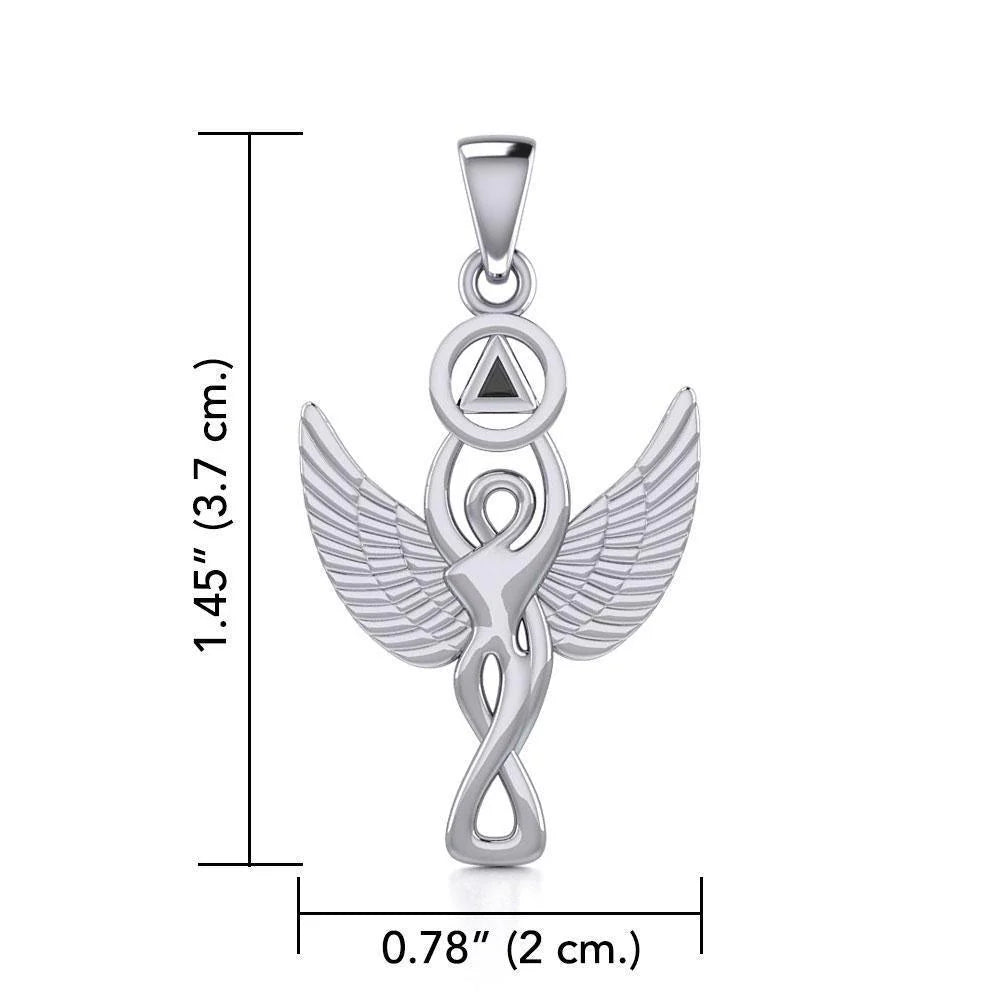 Silver Winged Goddess Pendant Necklace with Black Onyx AA Symbol - Elegant Spiritual Jewelry for Meditation, Yoga & Energy Healing