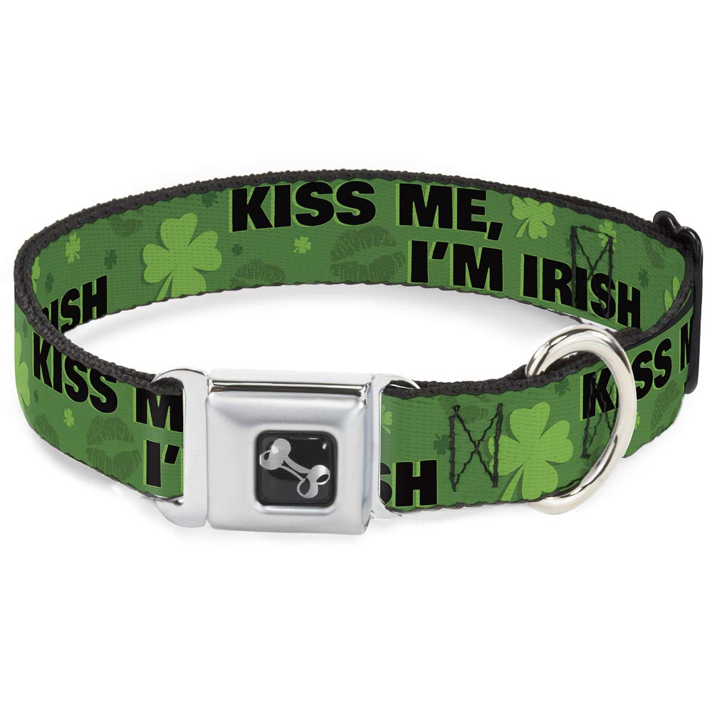 Dog Seatbelt Collar with Buckle - Kiss Me I'm Irish Clover Design, Green & Black, 16-23 Inches, 1.5 Inch Wide - Safe Car Travel for Medium Dogs