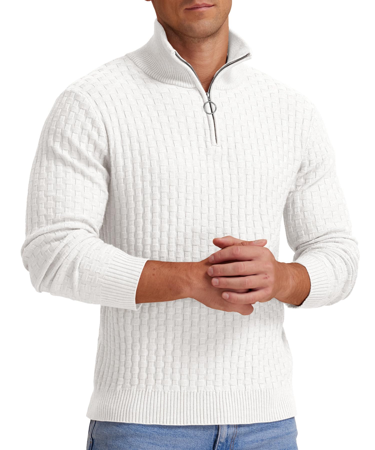 Askdeer Men's Quarter Zip Waffle Knit Sweater - Mock Neck Polo Pullover with Ribbed Edges for Casual Wear, Outdoor Activities & Office Style