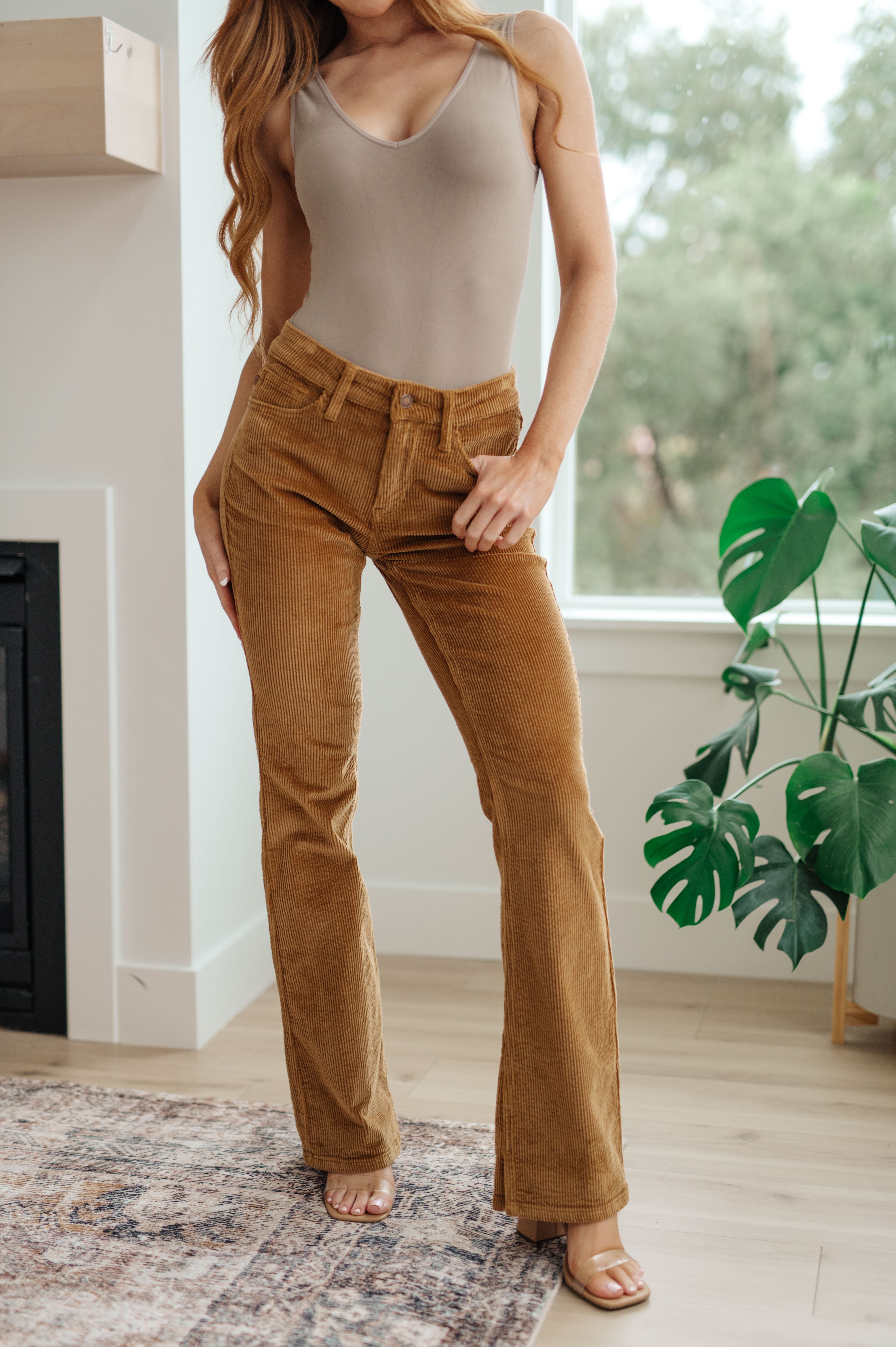 Cordelia Bootcut Corduroy Pants for Women - Soft Stretch Camel Brown High Waisted Vintage Trousers | Perfect for Fall Fashion, Casual Outfits & Office Wear