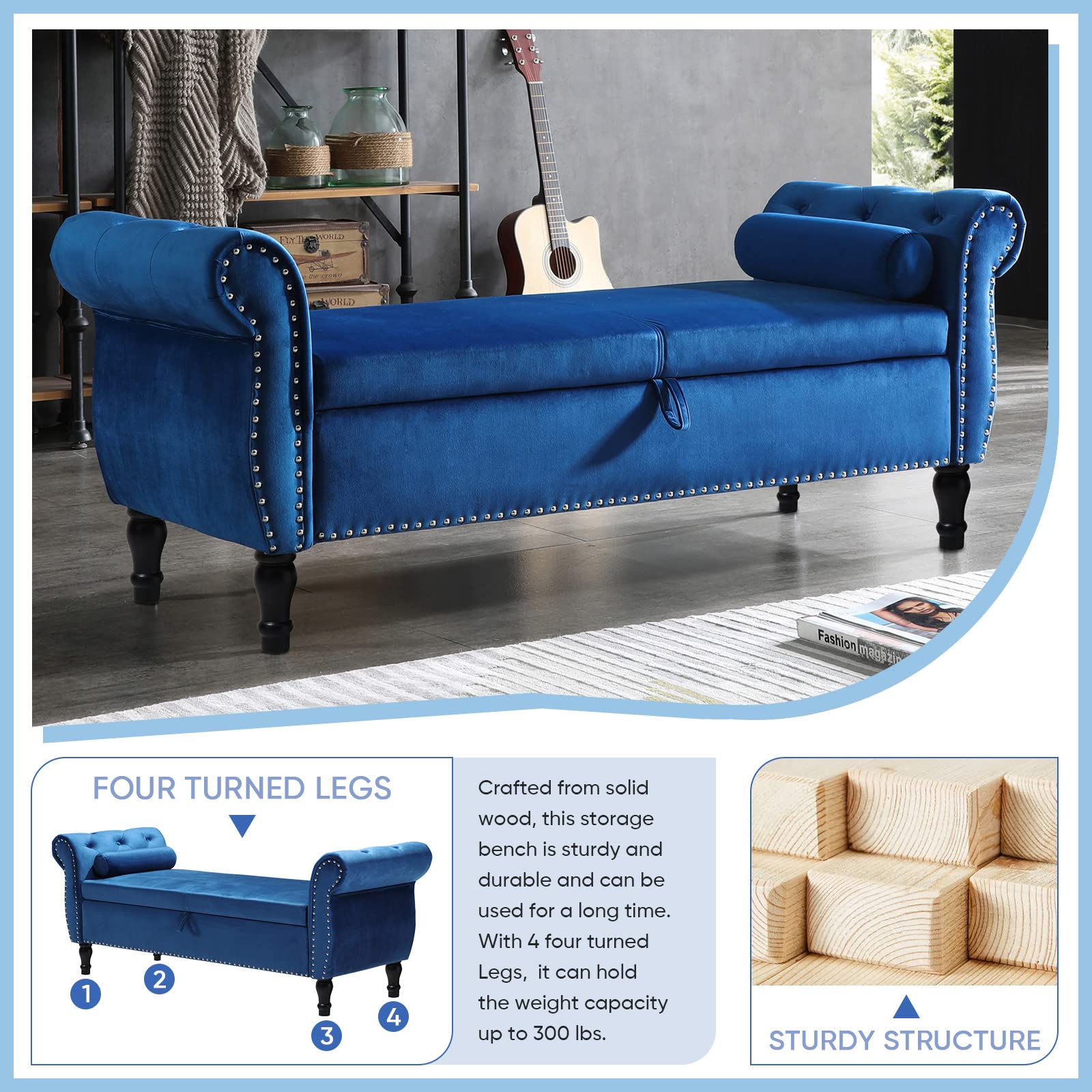 Mid Century Velvet Storage Ottoman Bench with Tufted Upholstery & Toss Pillow - Small Foot of Bed Bench for Bedroom, Entryway, Hallway & Living Room - Perfect for Extra Seating & Hidden Storage (Blue)