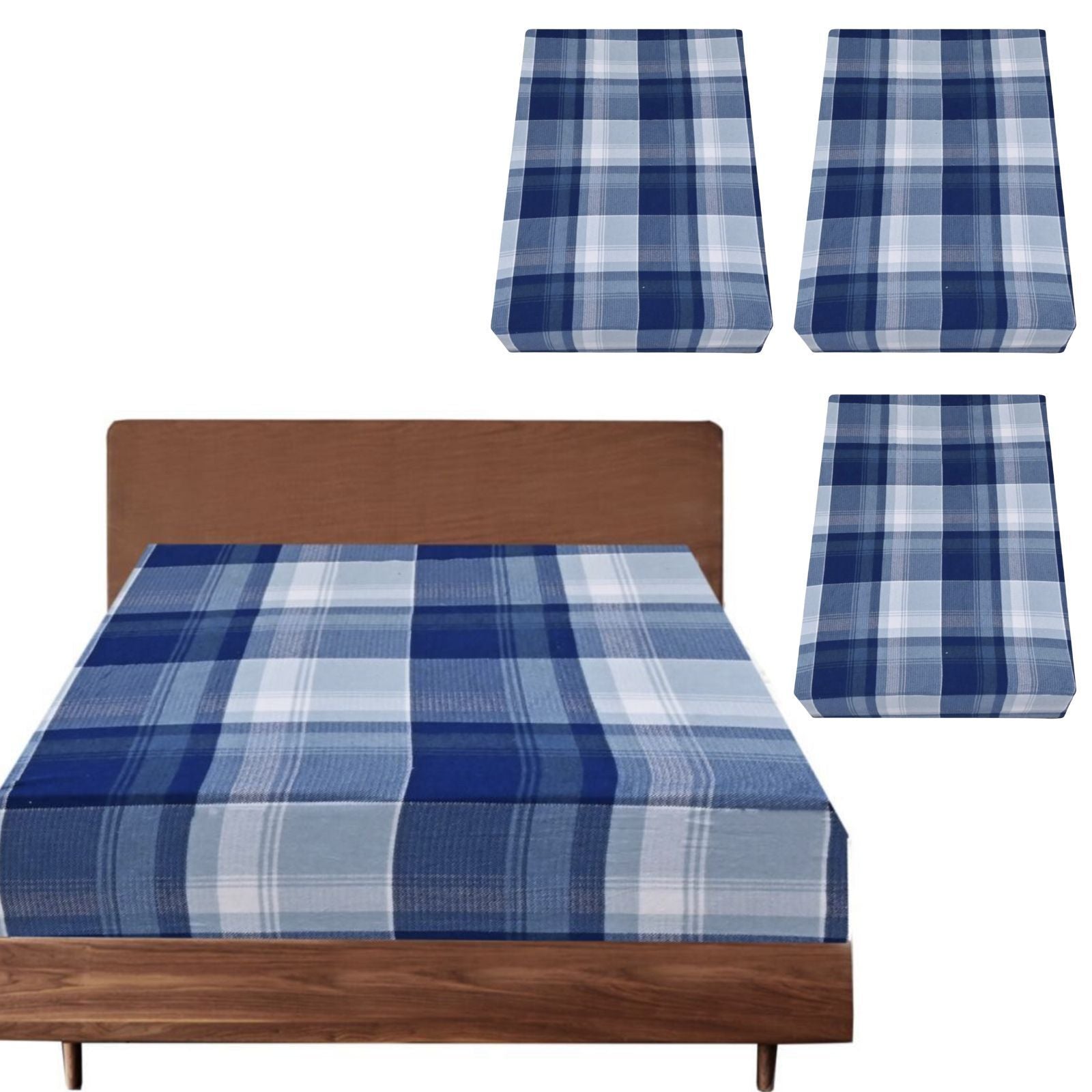 3-Pack Queen Size 100% Cotton Flannel Fitted Sheets - Soft Luxury Blue Checkered Bedding Set for Winter Warmth & Comfort - Perfect for Cold Weather, Guest Rooms, and Cozy Bedroom Decor