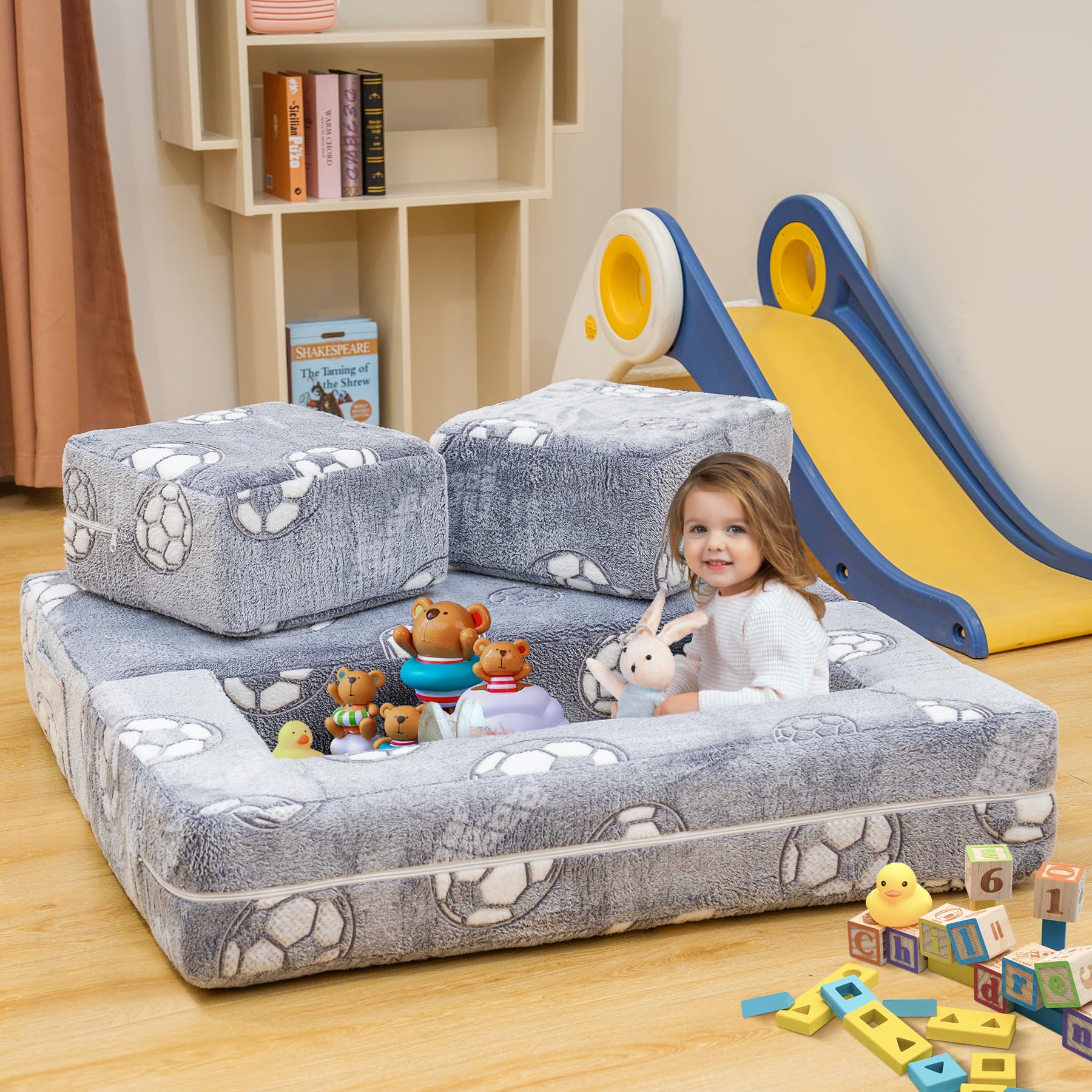 Glow in The Dark Toddler Play Couch - Convertible Fold Out Kids Sofa with Foam Floor Cushion for Playroom & Bedroom (Grey+Football Design) - Perfect for Sleepovers, Movie Nights & Indoor Playtime
