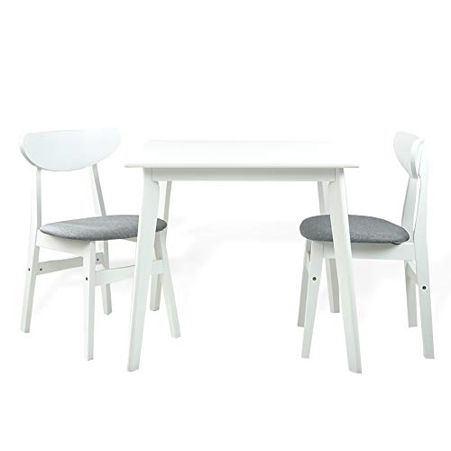 Modern Solid Wood Dining Set - 2 Yumiko Chairs with Padded Seats & Square Table in White with Light Gray Cushions | Kitchen & Breakfast Nook Furniture for Small Spaces